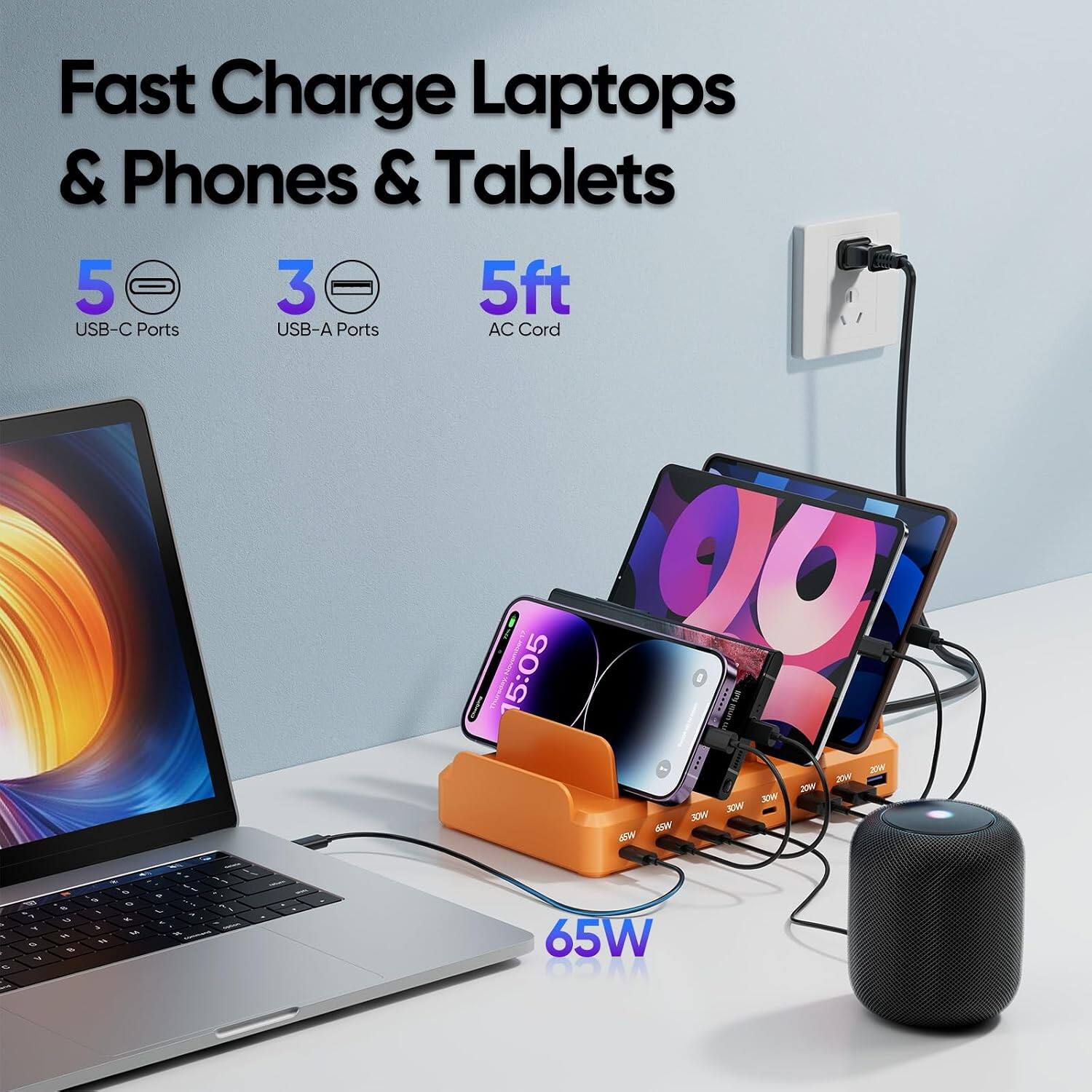 Fast Charge Laptops & Phones & Tablets  
5 USB-C Ports  
3 USB-A Ports  
5ft AC Cord  

5:05  
20W 20W 20W 30W 30W 65W