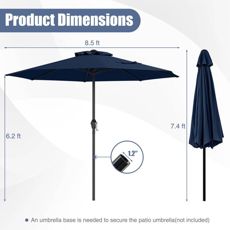 Product Dimensions: 8.5 ft, 6.2 ft, 7.4 ft, 1.2"  
An umbrella base is needed to secure the patio umbrella (not included)