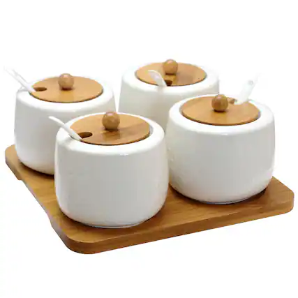 Front. Elama - Elama Ceramic Spice, Jam and Salsa Jars with Bamboo Lids & Serving Spoons - Brown.