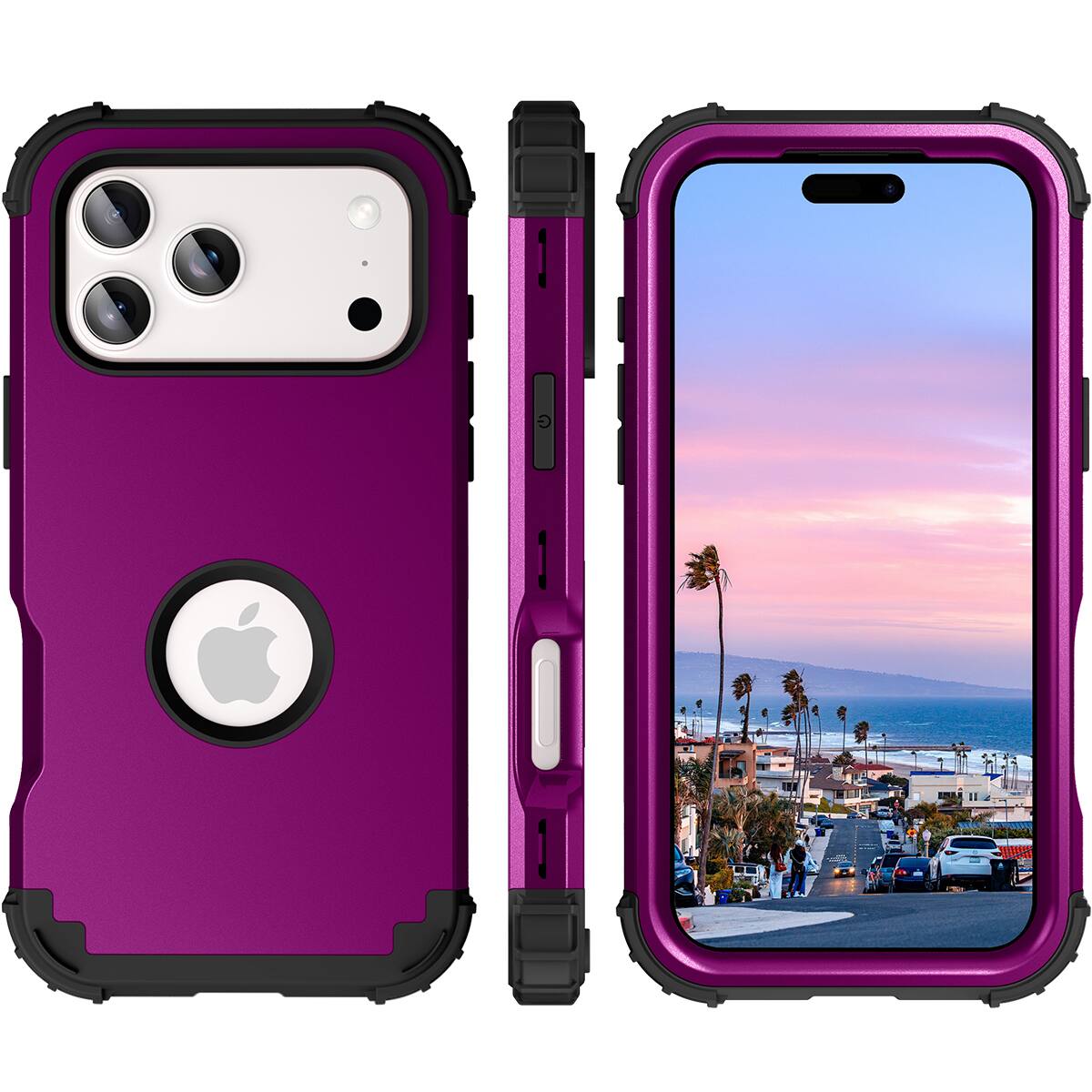 Alt View 3. Dteck - Rugged Case for Apple iPhone 17 Pro Max,Shockproof Soft Silicone Bumper Hard PC Back Cover,3-Layers Protective Shell - Purple.