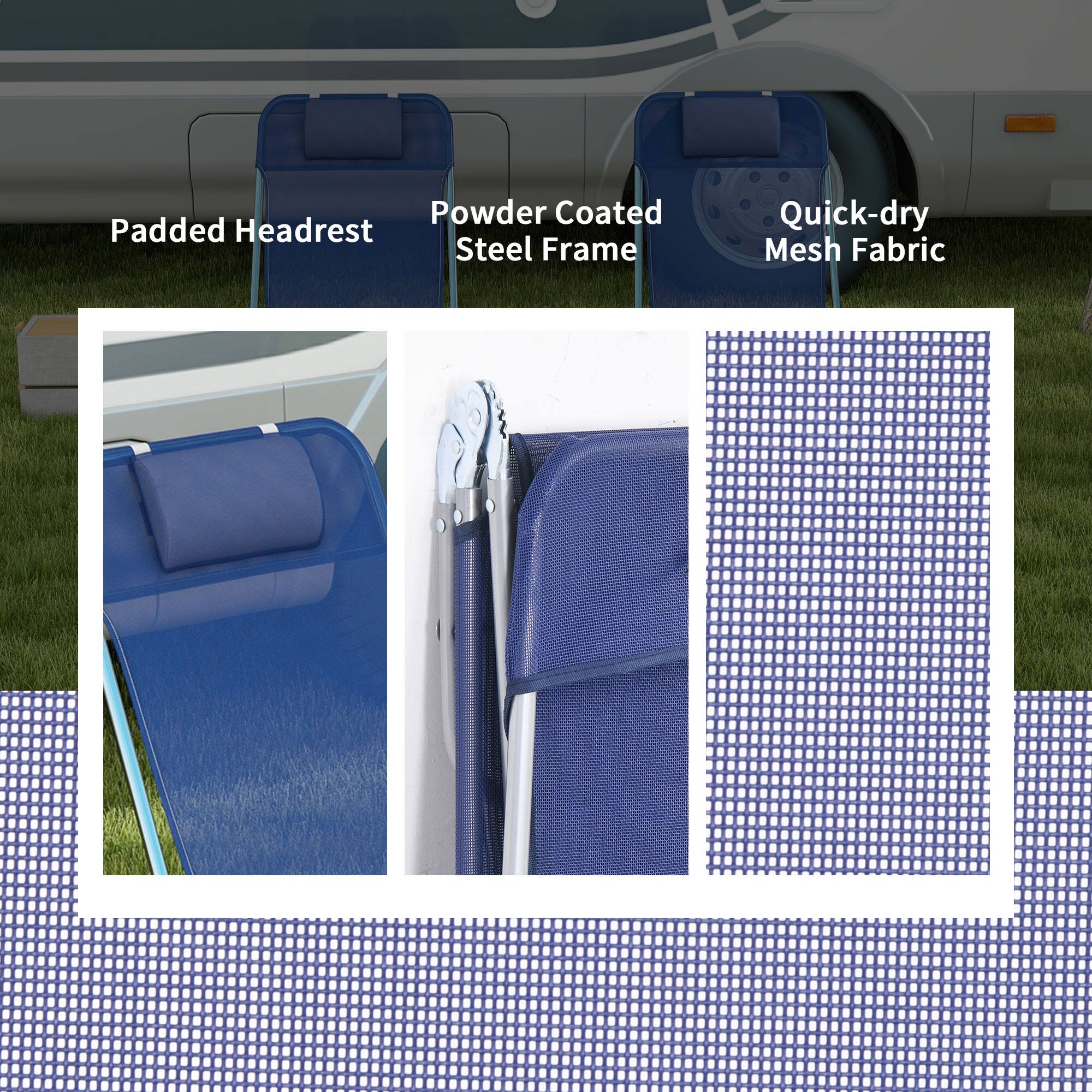 - Padded Headrest
- Powder Coated Steel Frame
- Quick-dry Mesh Fabric