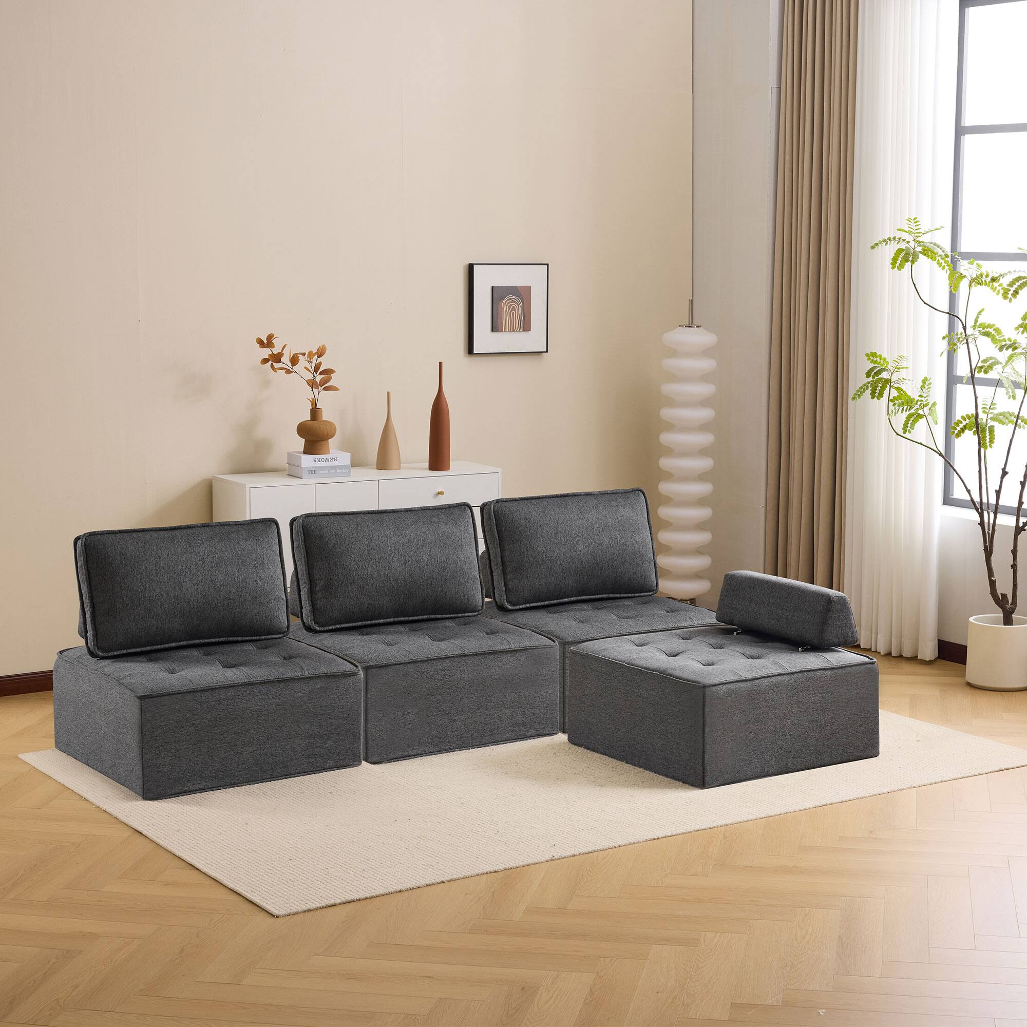 Alt View 2. Roomtec - The dark gray linen wooden frame sofa can be freely spliced meeting various needs such as in small apartment living - DARK GREY.
