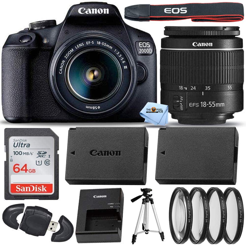 Canon - EOS 2000D / Rebel T7 with EF-S 18-55mm III Lens + 64GB + EXT BATT Bundle