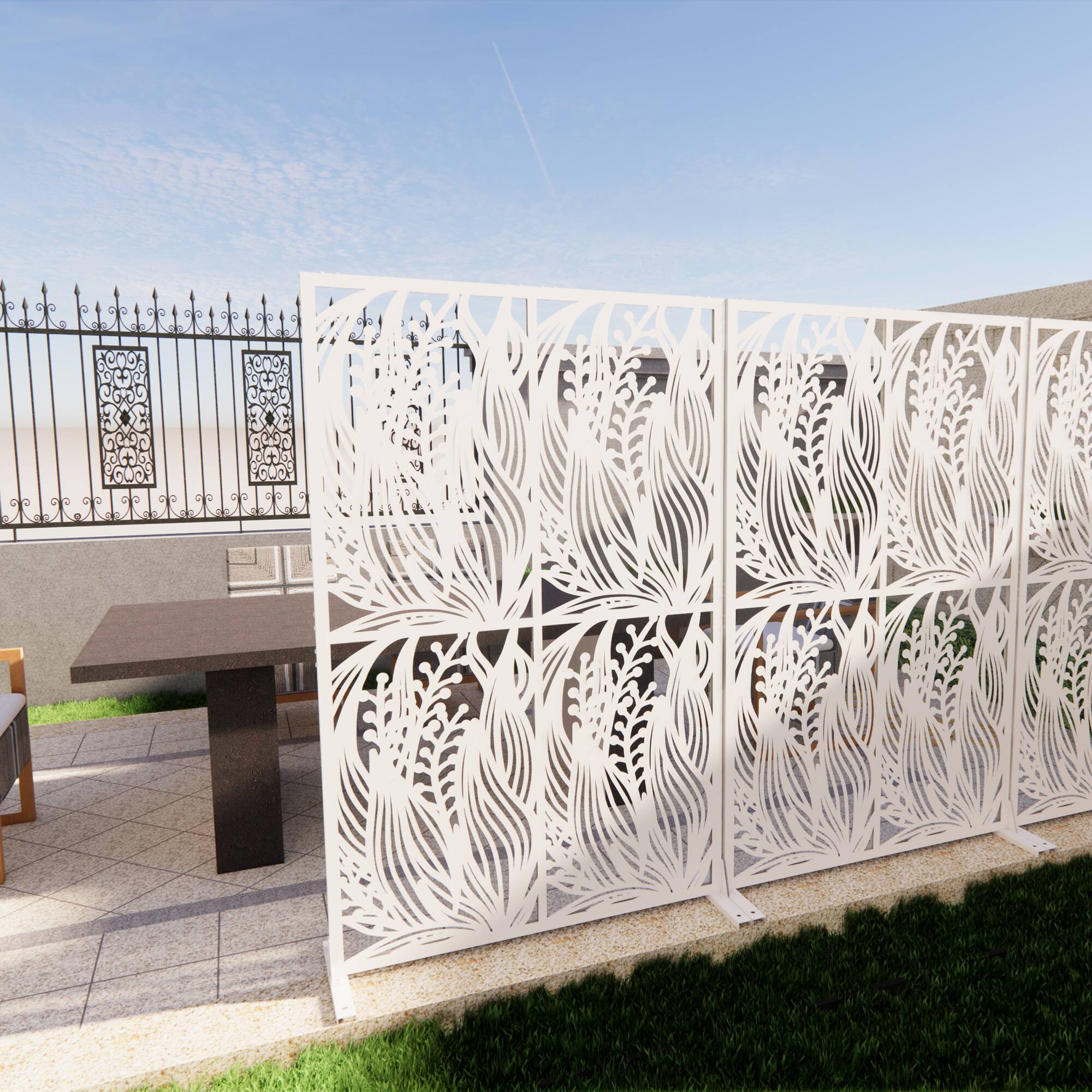 Left. Loheer - 3.8 ft x 6 ft Metal Privacy Screen Freestanding Room Divider for Patio Balcony Garden Leaf Pattern - White.