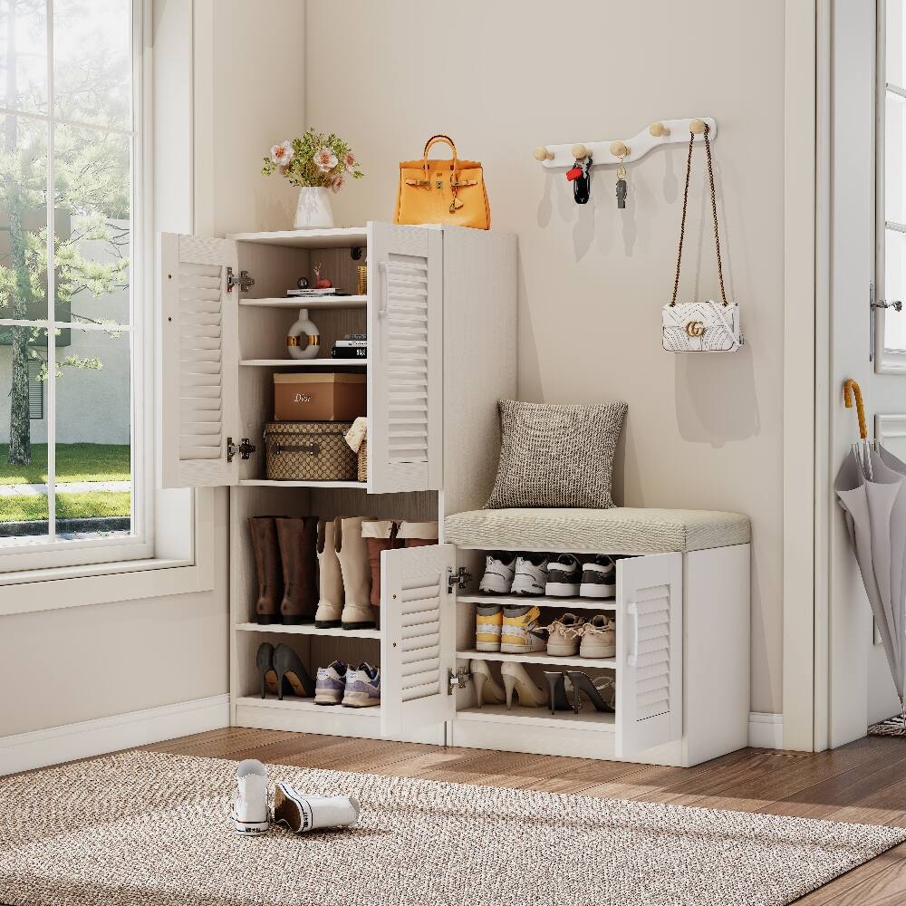 Left. Loheer - Loheer multi functional shoe storage cabinet, Ancient White Entryway Organizer with Cushion Bench, Holds 30 Pairs - Ancient White.