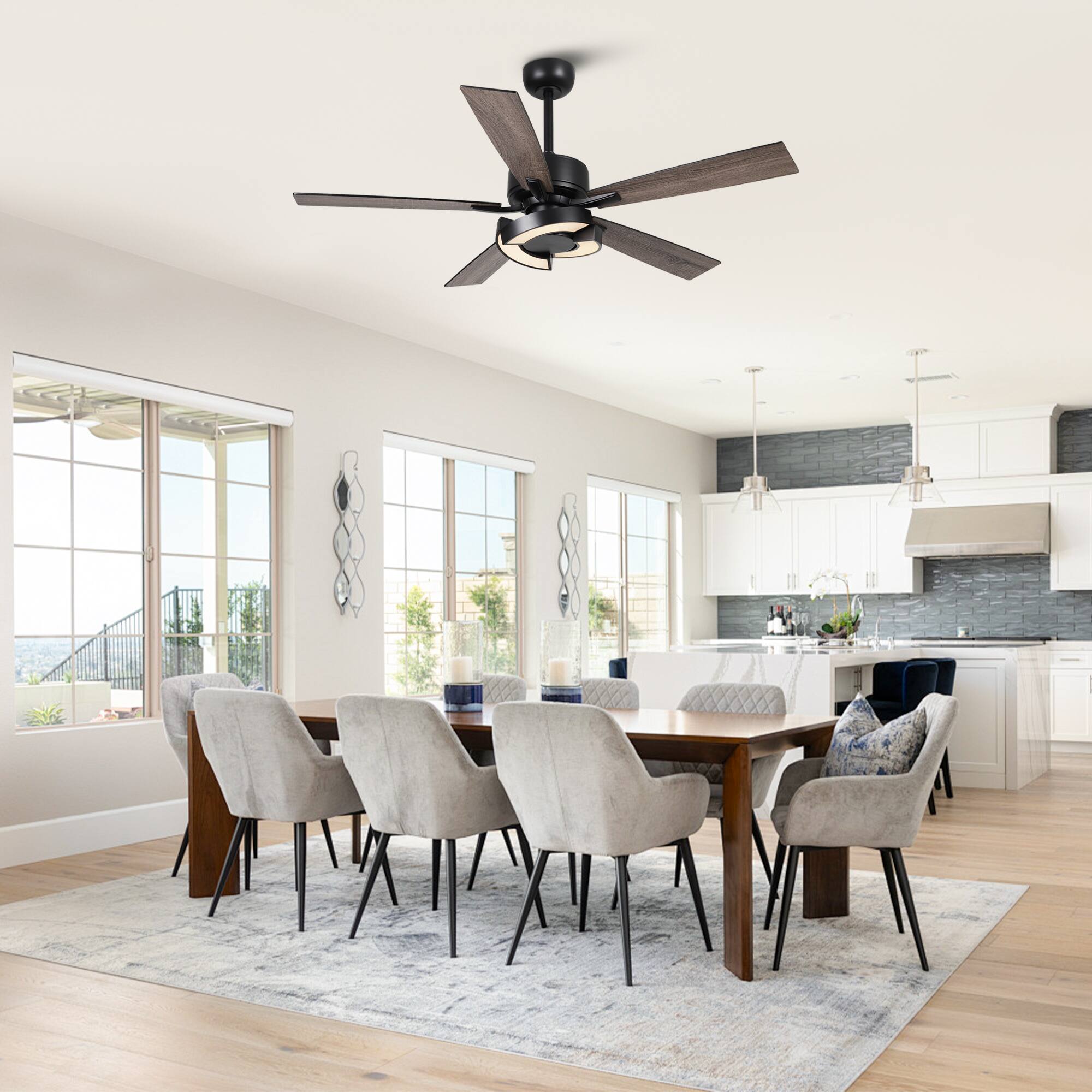 Back. Parrot Uncle - 52" Black Wooden 5-Blade Dimmable Modern Ceiling Fan with Light and Remote - Black.