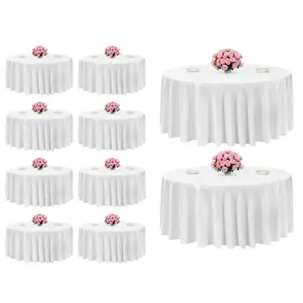 Front. VEVOR - White Round Tablecloths 10 Pack, 132 Inches in Diameter, Stain- & Wrinkle- Resistant, Machine Washable Table Clothes - White.