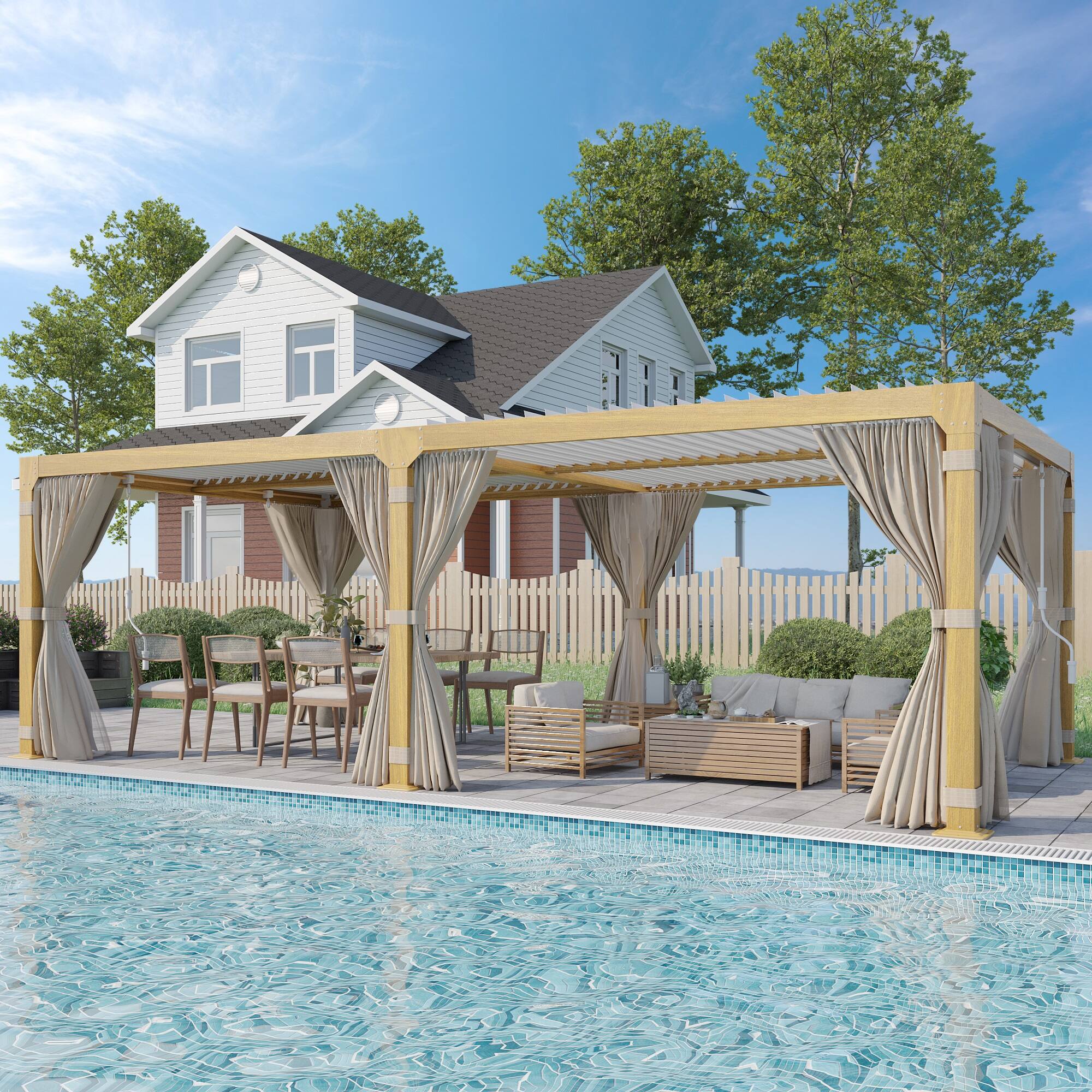 Angle. U-HOMY - 12'x24' Louvered Pergola with Adjustable Roof – Outdoor Hardtop Gazebo for Decks, Gardens & Backyards - Wood.