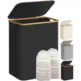 Songmics Home - 2-Section Laundry Hamper with Lid – 34.3-Gallon Collapsible Basket with Mesh Liner and Bamboo Handles Ink - Black