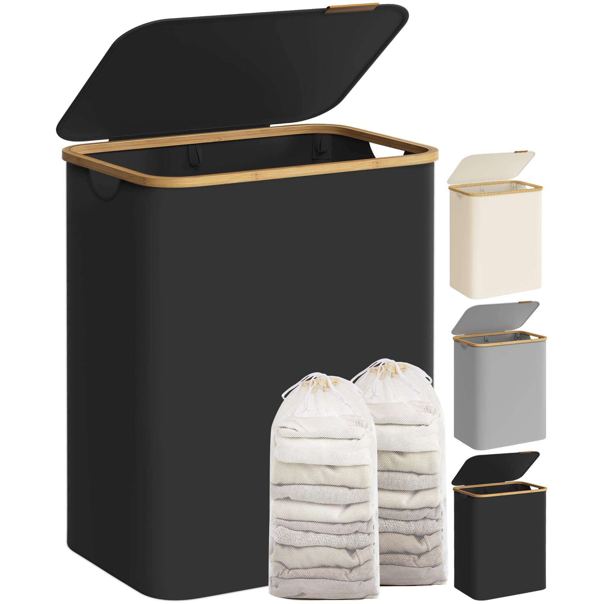 Front. Songmics Home - 2-Section Laundry Hamper with Lid – 34.3-Gallon Collapsible Basket with Mesh Liner and Bamboo Handles Ink Black - Black.