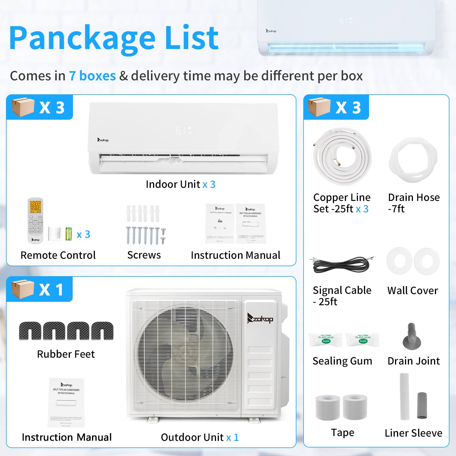 Pancake List  
Comes in 7 boxes & delivery time may be different per box  

X 3  
Indoor Unit x 3  
Remote Control x 3  
Screws x 3  
Instruction Manual x 1  

X 3  
Copper Line Set -25ft x 3  
Drain Hose -7ft  
Signal Cable - 25ft  
Wall Cover  

X 1  
Rubber Feet  
Instruction Manual  
Outdoor Unit x 1  
Sealing Gum  
Drain Joint  
Tape  
Liner Sleeve