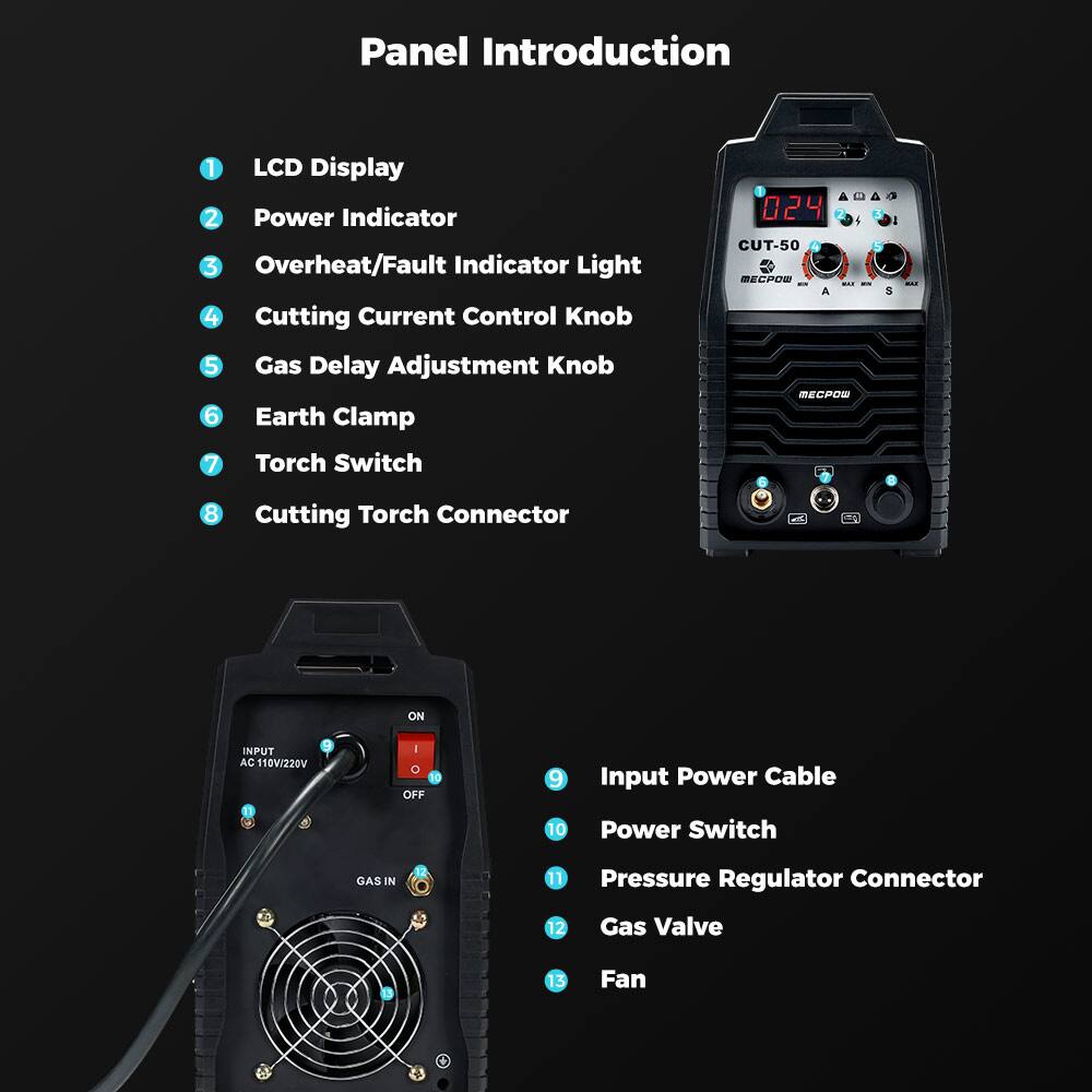 Panel Introduction

1. LCD Display
2. Power Indicator
3. Overheat/Fault Indicator Light
4. Cutting Current Control Knob
5. Gas Delay Adjustment Knob
6. Earth Clamp
7. Torch Switch
8. Cutting Torch Connector

Input Power Cable
Power Switch
Pressure Regulator Connector
Gas Valve
Fan