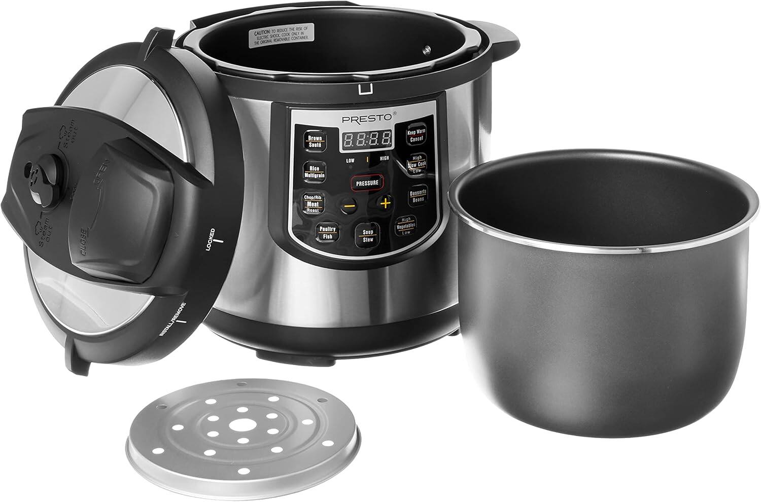 The image features a pressure cooker with a silver pot and a black lid. The cooker is placed on a countertop, and a bowl is sitting next to it. The pressure cooker is a versatile appliance that can be used for cooking various dishes such as rice, meat, poultry, fish, and stew. It has a digital display and multiple buttons, allowing users to easily control the cooking process. The pressure cooker is designed to save time and energy by using high-pressure steam to cook food quickly and efficiently.