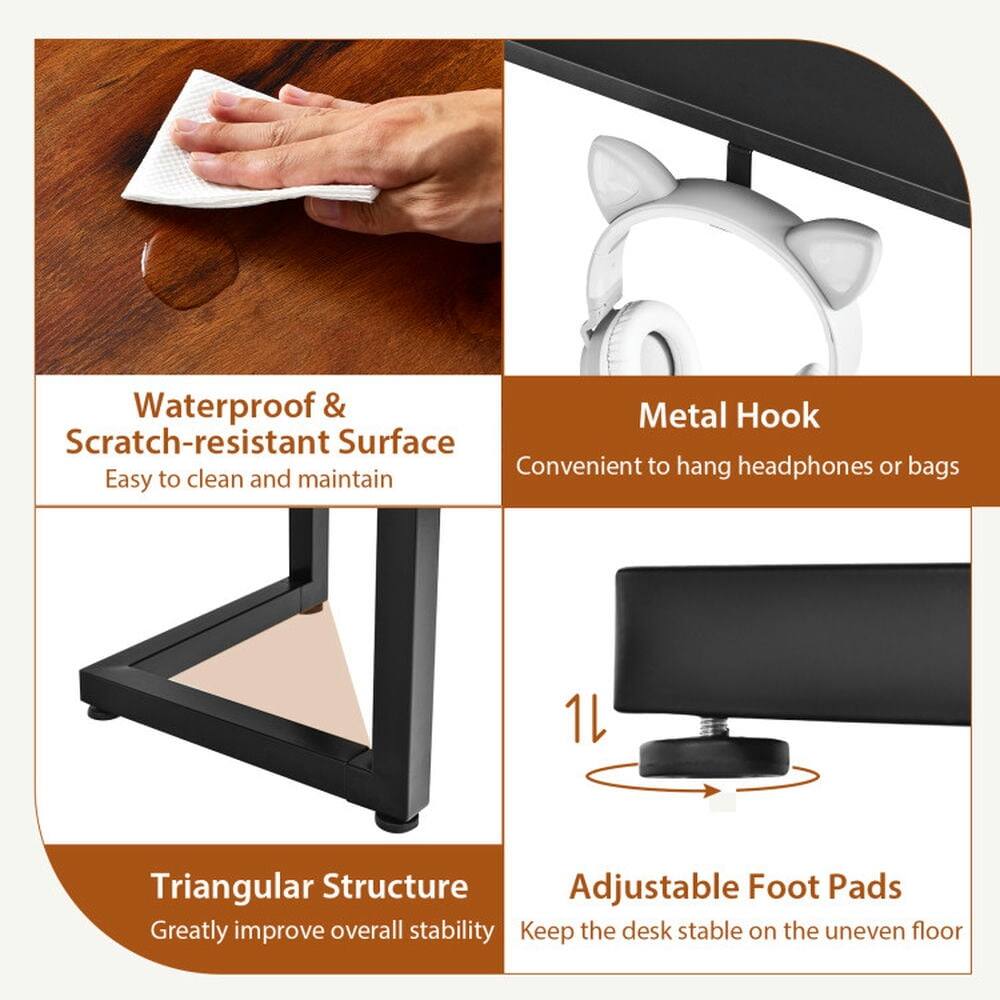 - Waterproof & Scratch-resistant Surface
  - Easy to clean and maintain

- Metal Hook
  - Convenient to hang headphones or bags

- Triangular Structure
  - Greatly improve overall stability

- Adjustable Foot Pads
  - Keep the desk stable on the uneven floor
