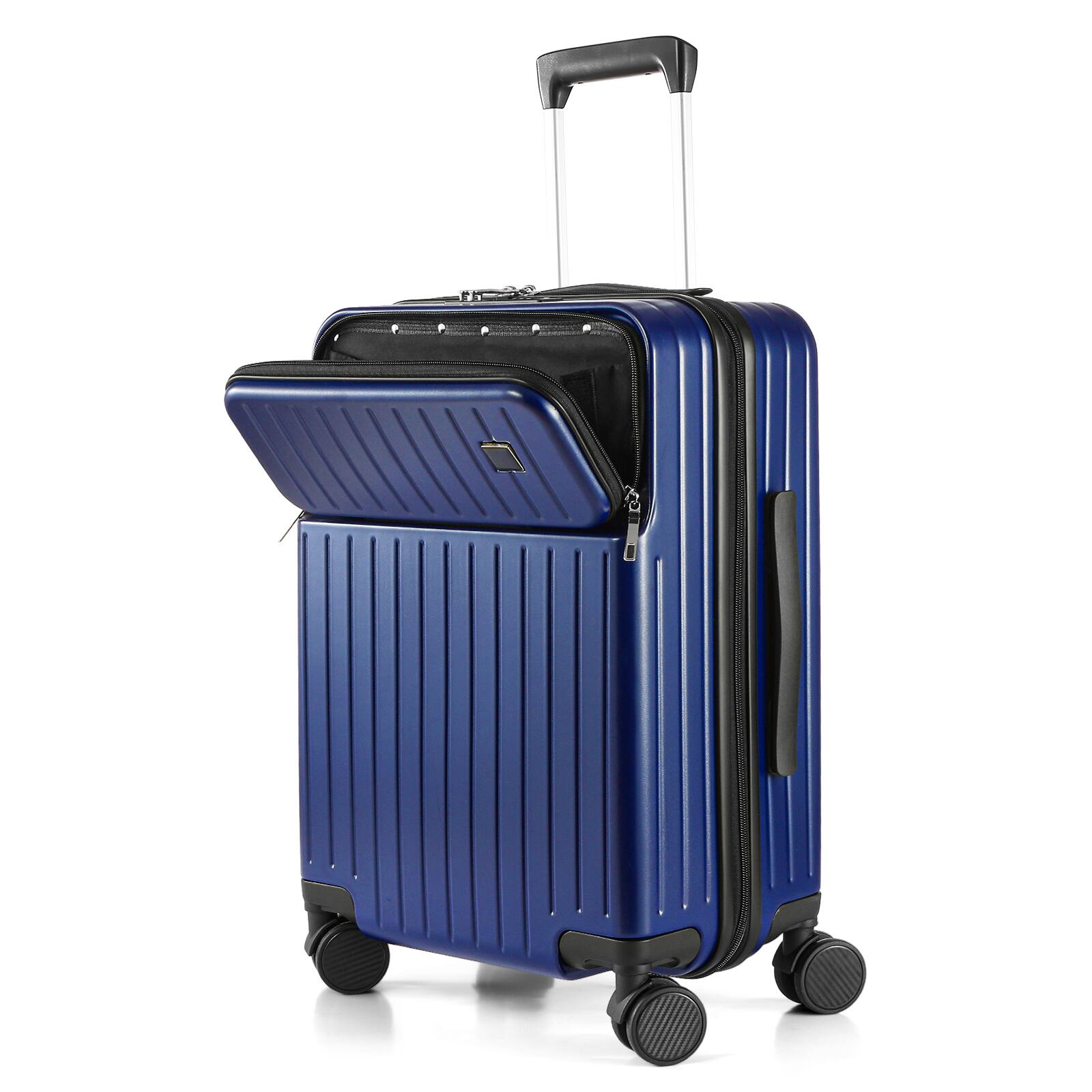 Left. Sugift - Modern 20″ Carry On Luggage with Front Pocket, TSA Lock, Spinner Wheels, and Organized Interior - Navy.
