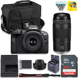 Bundle - Canon - EOS R100 Mirrorless Camera 2-Lens with RF-S 18-45mm, RF 75-300mm, 128GB Card & Bag - Black