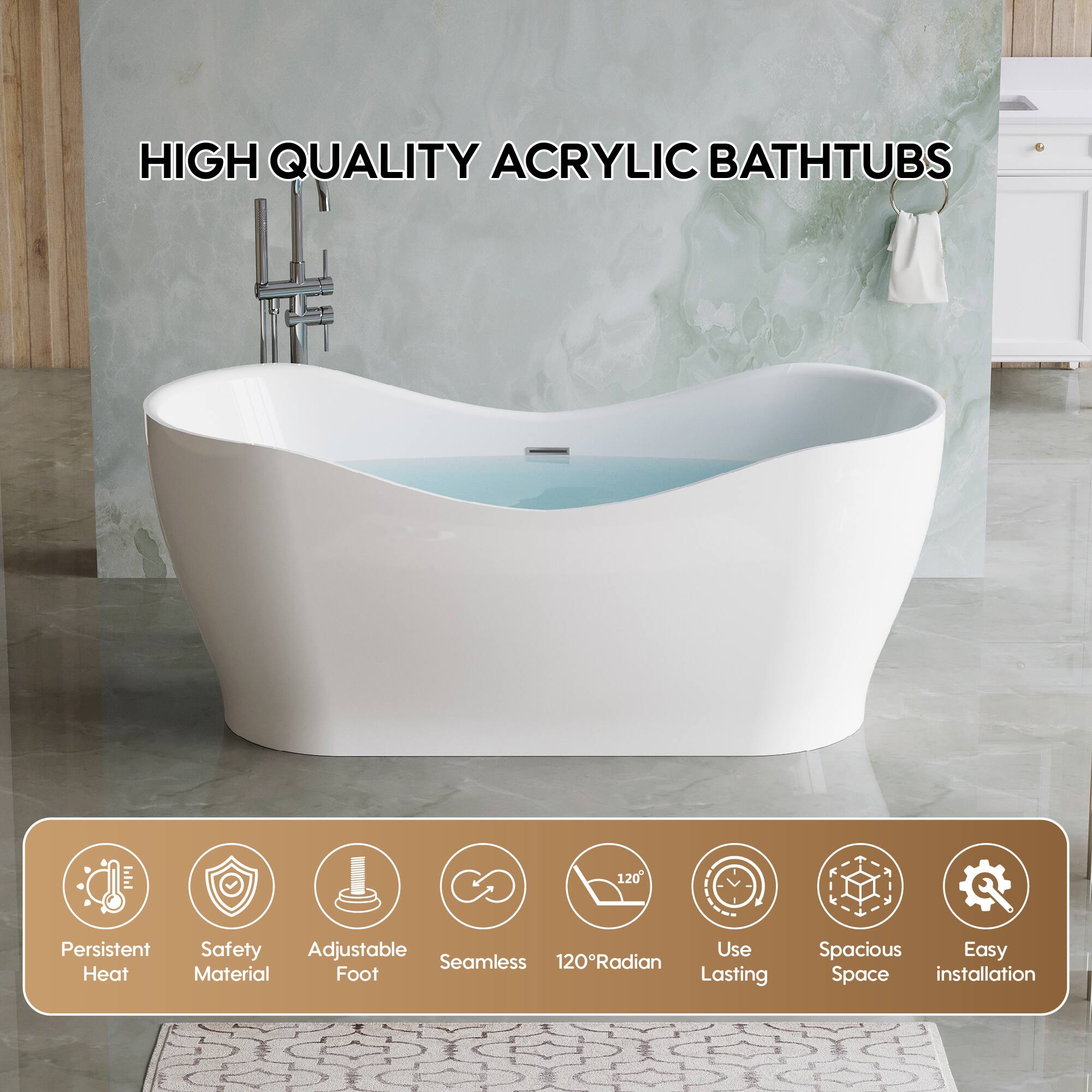 HIGH QUALITY ACRYLIC BATHTUBS

- Persistent Heat
- Safety Material
- Adjustable Foot
- Seamless
- 120° Radian
- Use Lasting
- Spacious Space
- Easy installation