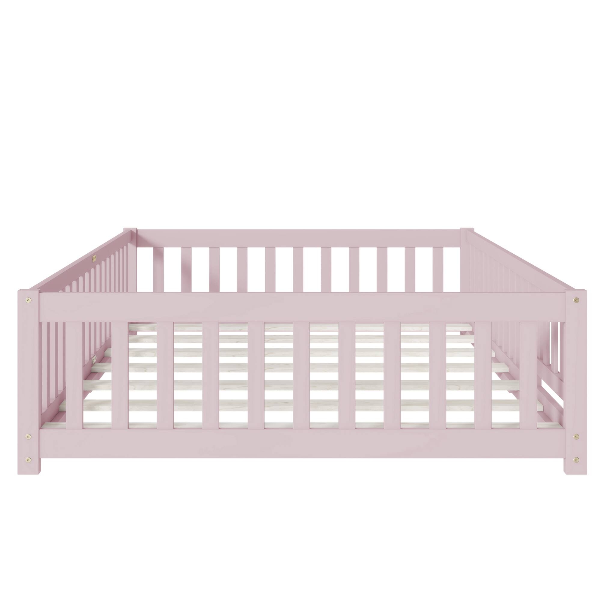 Back. GOODSILO - Full Size Floor Bed with Safety Fence and Revolving Door for Children, Sturdy Rubber Wood Construction - Pink.