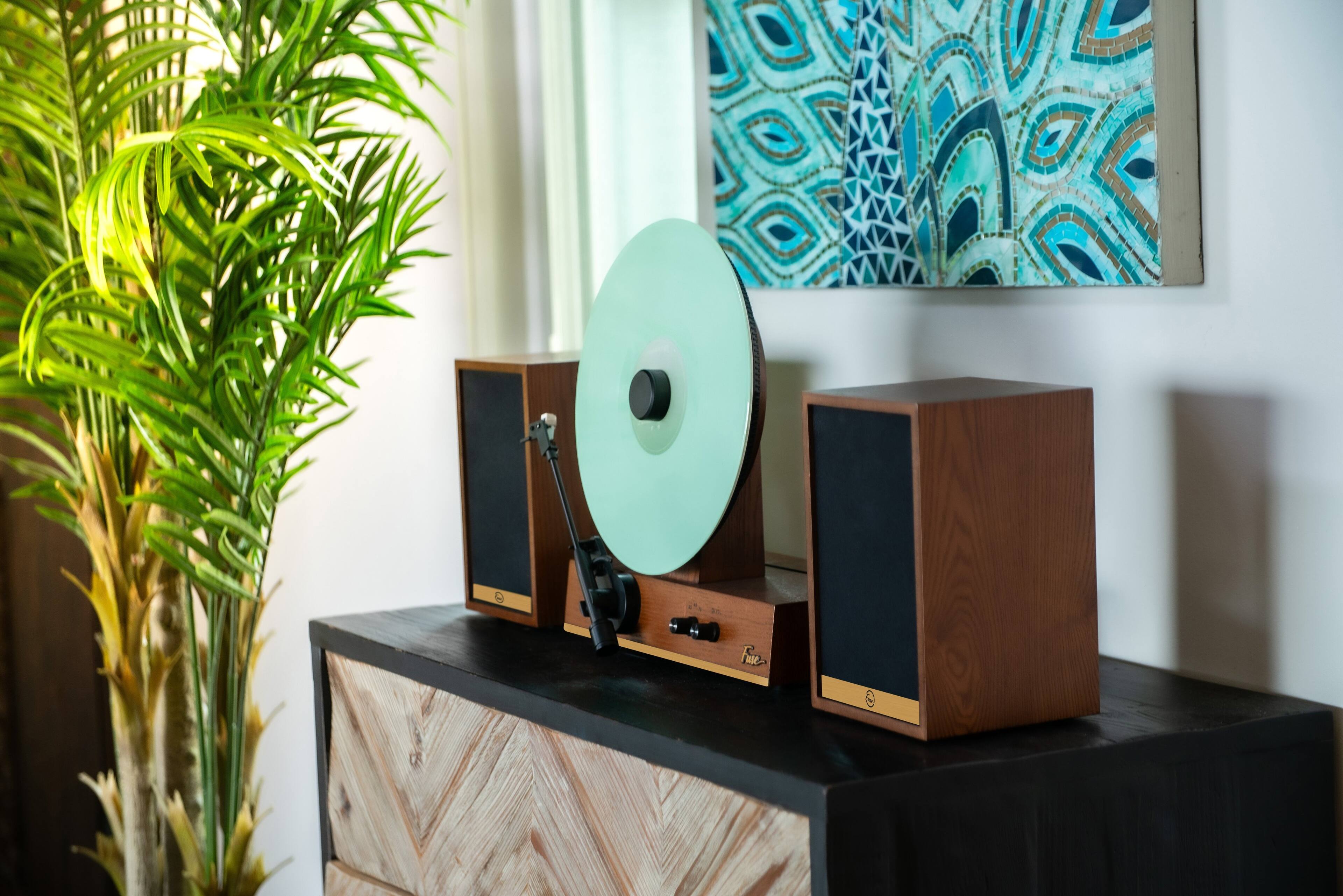 Alt View 6. Fuse Audio - Fuse GLD Vertical Turntable Record Player with Speakers | BT, AUX | Audio Technica Needle | Real Ash Wood with Gold Trim - Ash Wood with Gold Trim.