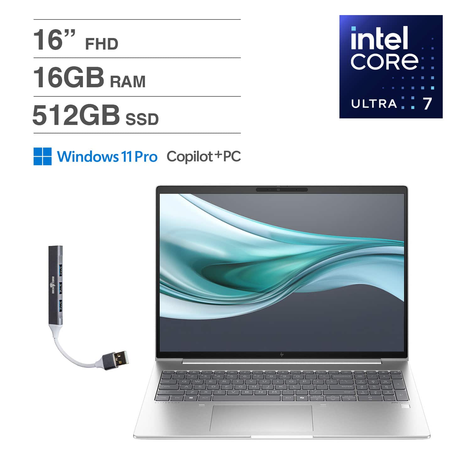 HP - EliteBook 660 Laptop 16.0 WUXGA (Intel Ultra 7 165U , 16GB RAM, 512GB SSD, Win 11 Pro) w/USB Hub - Pike Silver