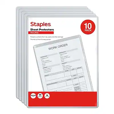 Staples
Sheet Protectors
Heavy Duty
10 PACK
Protects contents from rips, spills and other damage
Thumb-cut for easy access
WORK ORDER
INTERIOR
SO
10