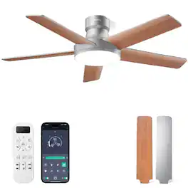 Akofun - 44" Flush Fan Light, Remote & APP, 6-Speed Dimmable LED, Quiet Reversible DC Motor, Timer, Bedroom Living Room - Silver