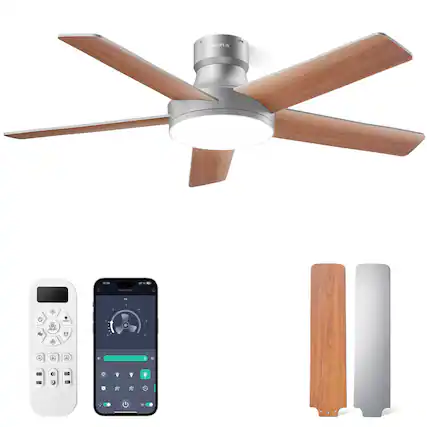 Front. Akofun - 44" Flush Fan Light, Remote & APP, 6-Speed Dimmable LED, Quiet Reversible DC Motor, Timer, Bedroom Living Room Silver - Silver.
