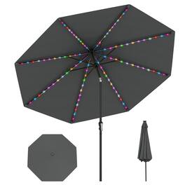 Gymax - 10 FT Solar Patio Umbrella w/96 Multi-colored LED Lights & 9 Modes Vented Top - Gray