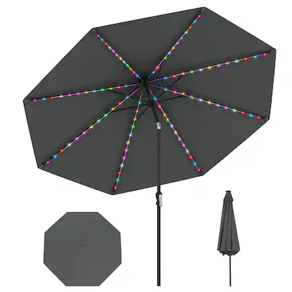 Front. Gymax - Gymax 10 FT Solar Patio Umbrella w/96 Multi-colored LED Lights & 9 Modes Vented Top Gray - Gray.