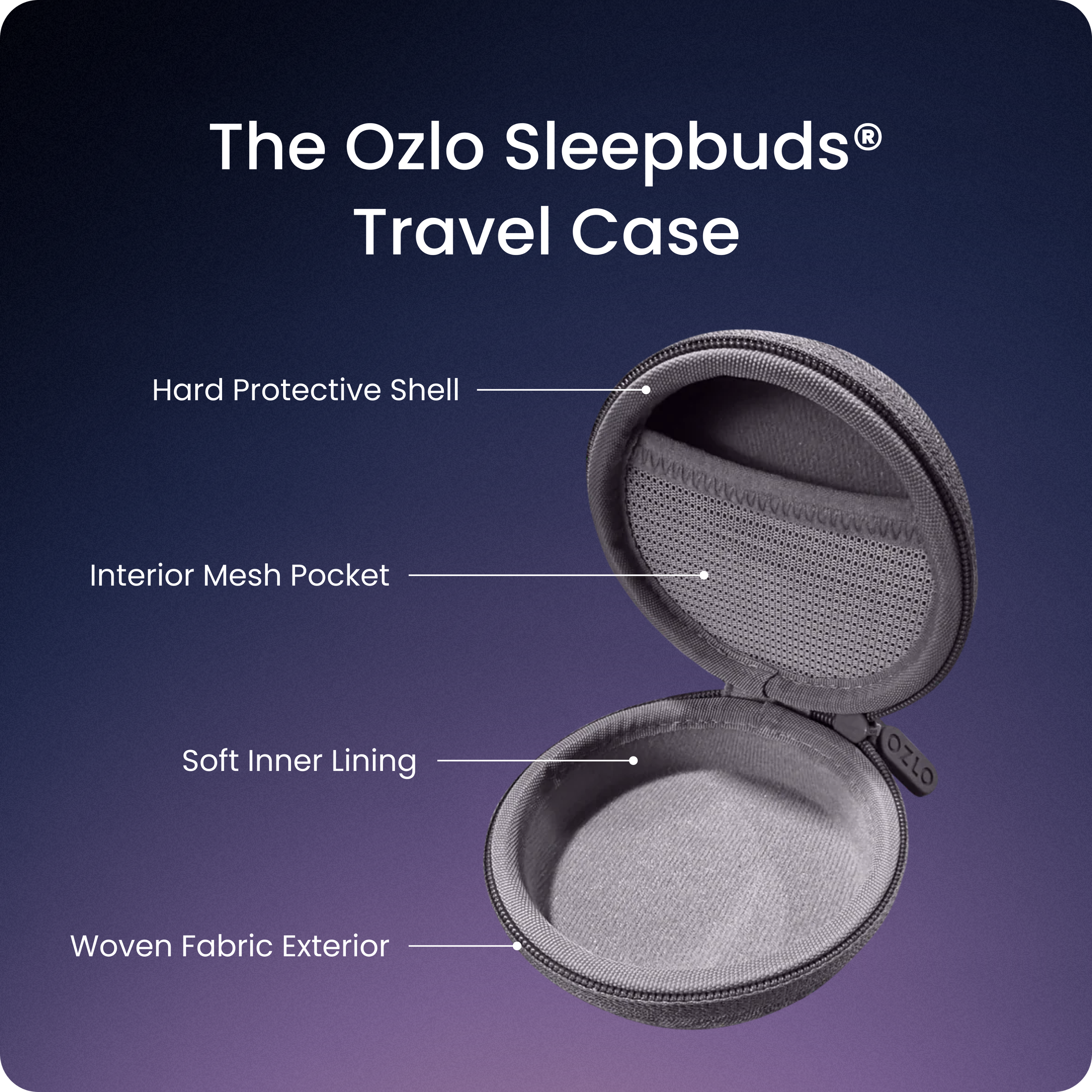 The Ozlo Sleepbuds® Travel Case

- Hard Protective Shell
- Interior Mesh Pocket
- Soft Inner Lining
- Woven Fabric Exterior
