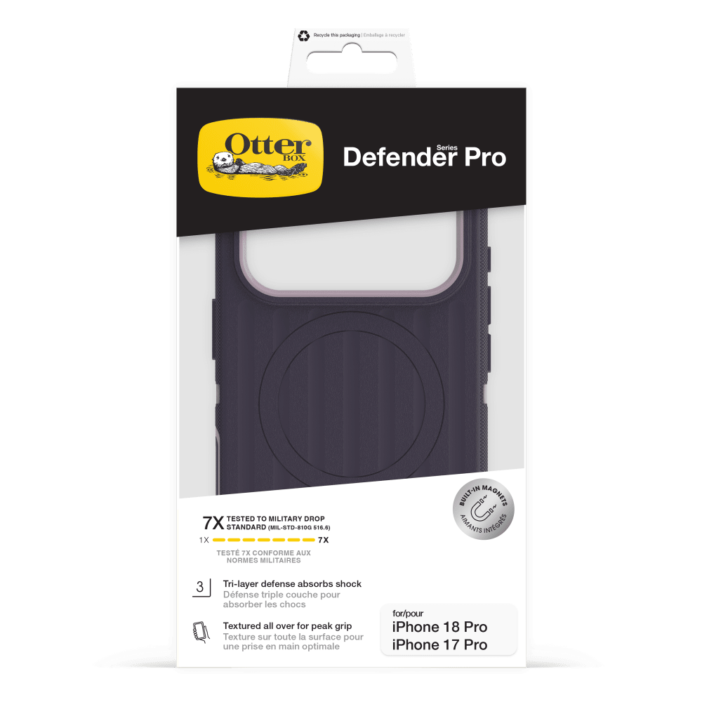 Recycle the packaging  
Emballage moyder

Otter Series BOX Defender Pro

TESTED TO MILITARY DROP 7X STANDARD (MIL-STD-810G 516.6)  
1X 7X TEST 7X CONFORME AUX NORMES MILITAIRES

BUILT-IN MAGNETS  
AIMANTS INTÉGRÉS

3  
Tri-layer defense absorbs shock  
Défense triple couche pour absorber les chocs

Textured all over for peak grip  
Texture sur toute la surface pour une prise en main optimale

for/pour  
iPhone 18 Pro  
iPhone 17 Pro