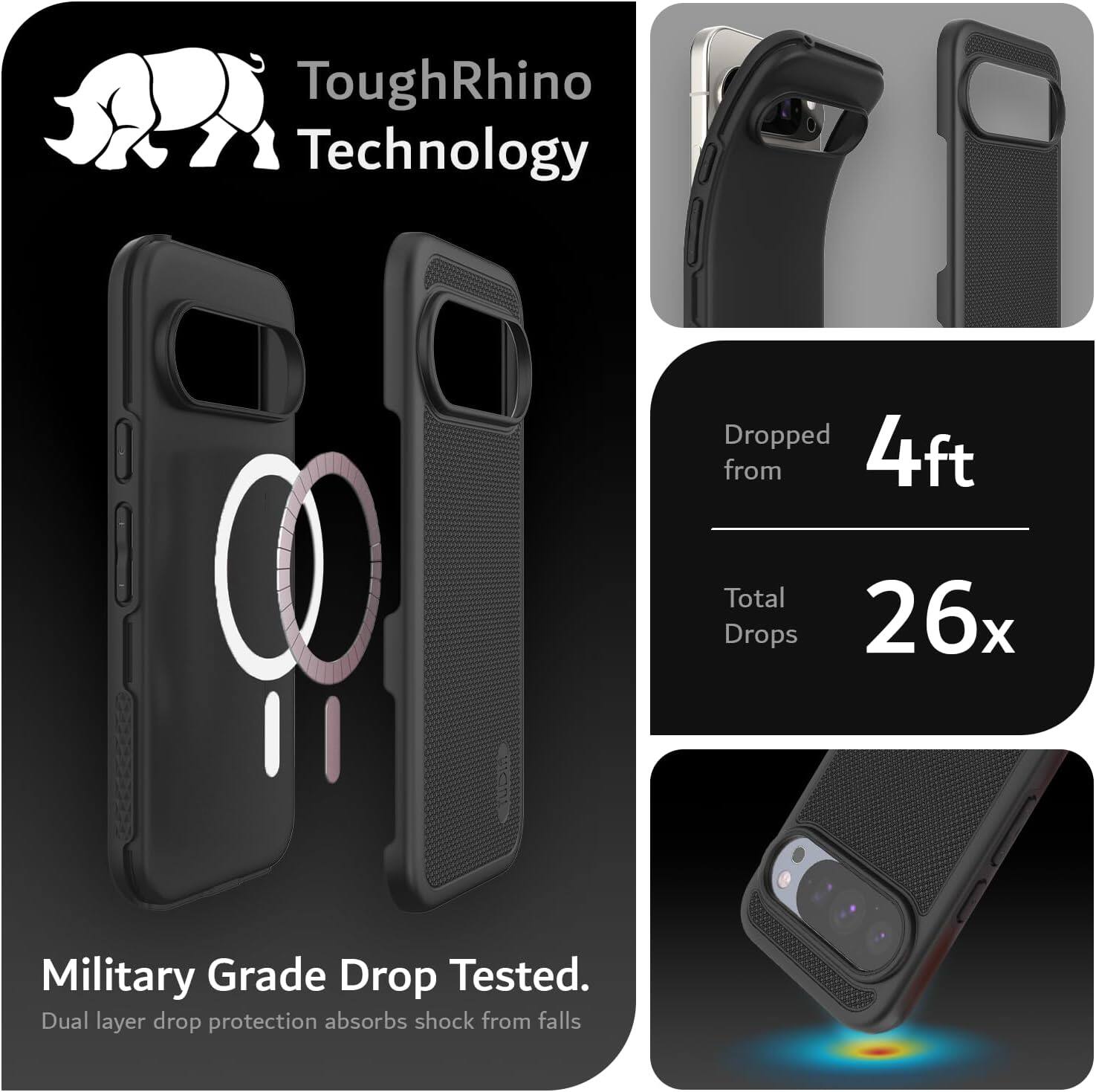 ToughRhino Technology

Dropped from 4ft  
Total Drops 26x

Military Grade Drop Tested.  
Dual layer drop protection absorbs shock from falls