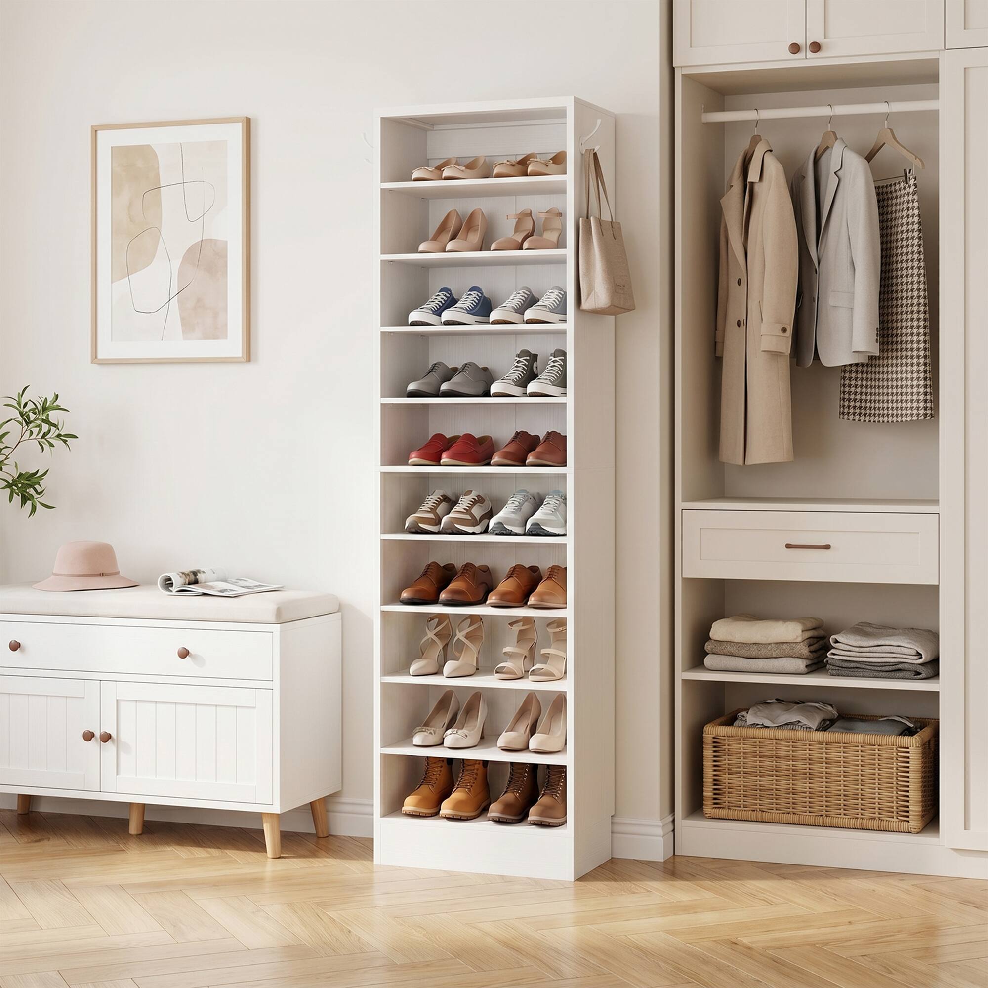 Alt View 2. Aheaplus - 79.5'' Tall 10-Tier Freestanding Wooden Shoe Rack Tower with 2 Hooks - White.