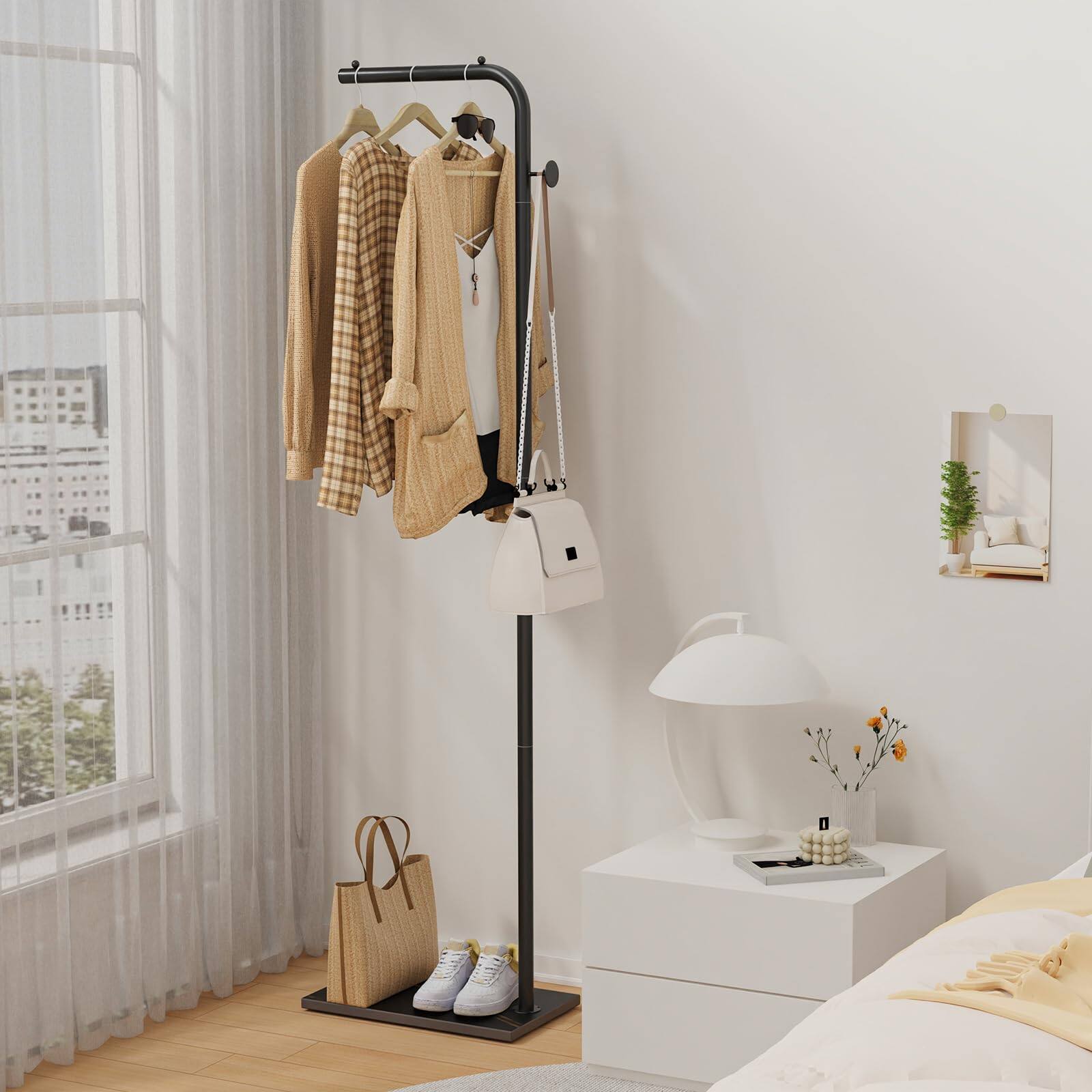 Left. Hirose Alice - Coat Rack Portable L-shaped Clothes With Hook Modern Hanger Sturdy Freestanding Metal Clothing In Bedroom - Black.