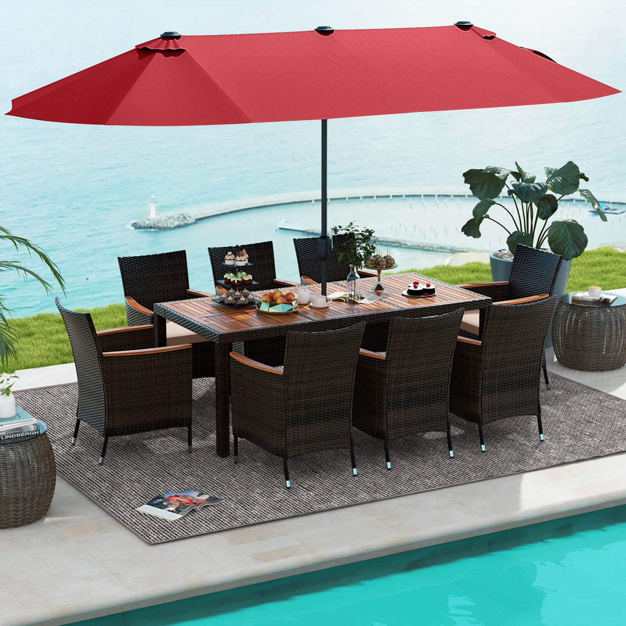Alt View 1. Costway - 11 PCS Patio Dining Set with 15ft Double-Sided Patio Umbrella (Base Included) - Mix Brown + Wine.