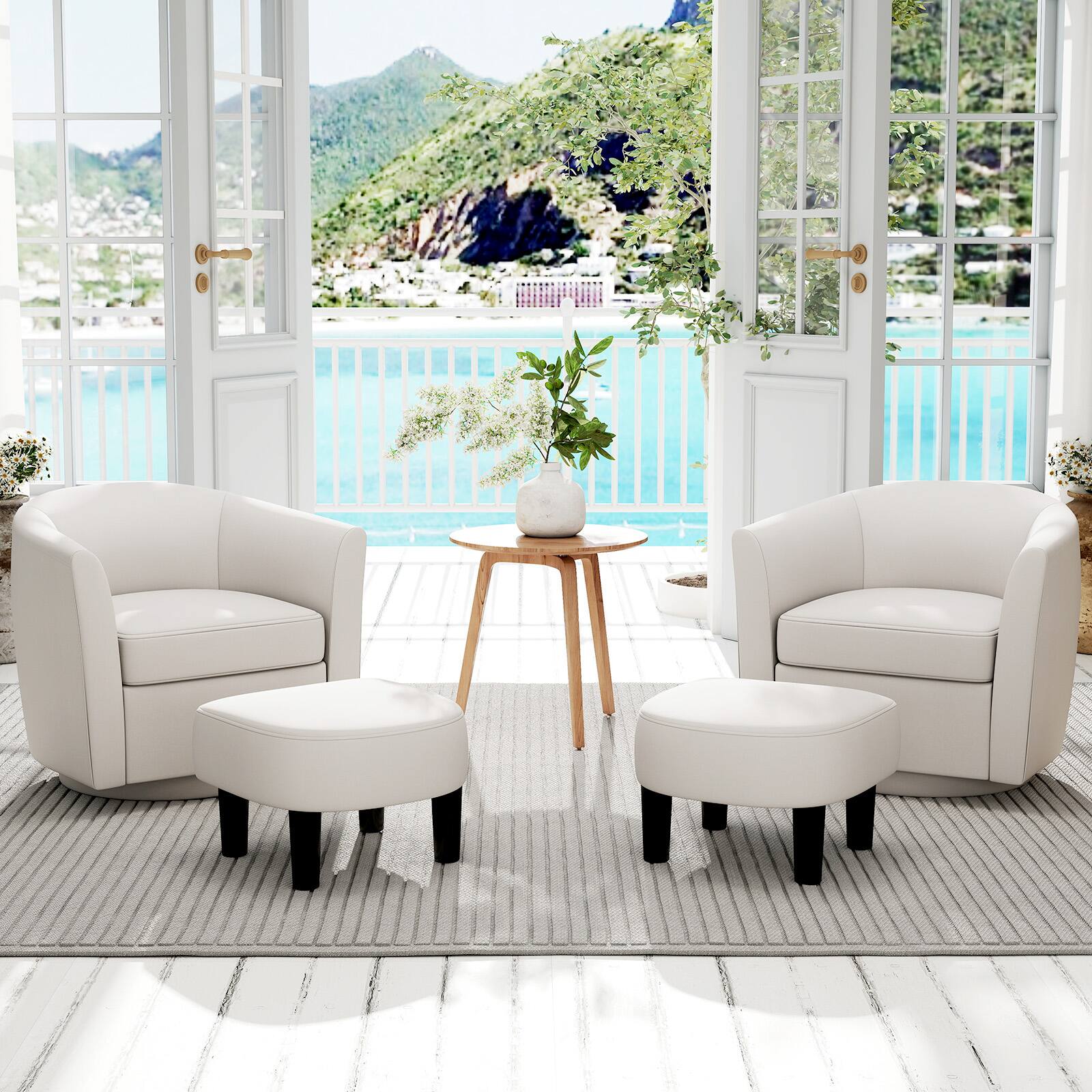 Alt View 3. Costway - Costway Swivel Barrel Chair with Ottoman Footrest Curved Backrest & Armrests Living Room Creamy - Creamy White.