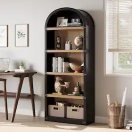 GAOMON - 72"H Farmhouse Arched Bookcase with Cabinet & Shelves - 5-Cube Storage for Living Room, Office - Black + wood back-Basic