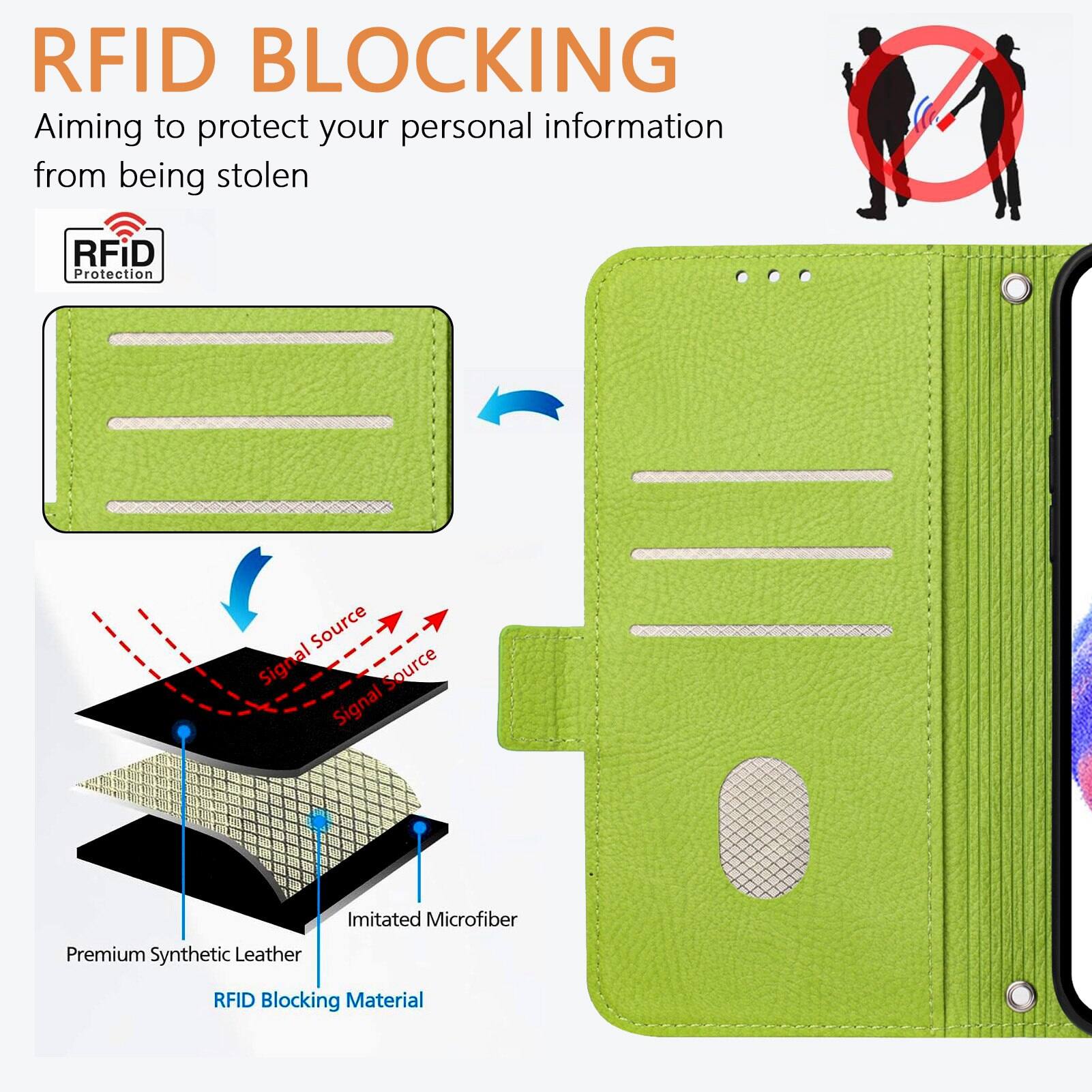 RFID BLOCKING  
Aiming to protect your personal information from being stolen

RFiD Protection

Signal Source  
Signal Source

Premium Synthetic Leather  
Imitated Microfiber  
RFID Blocking Material