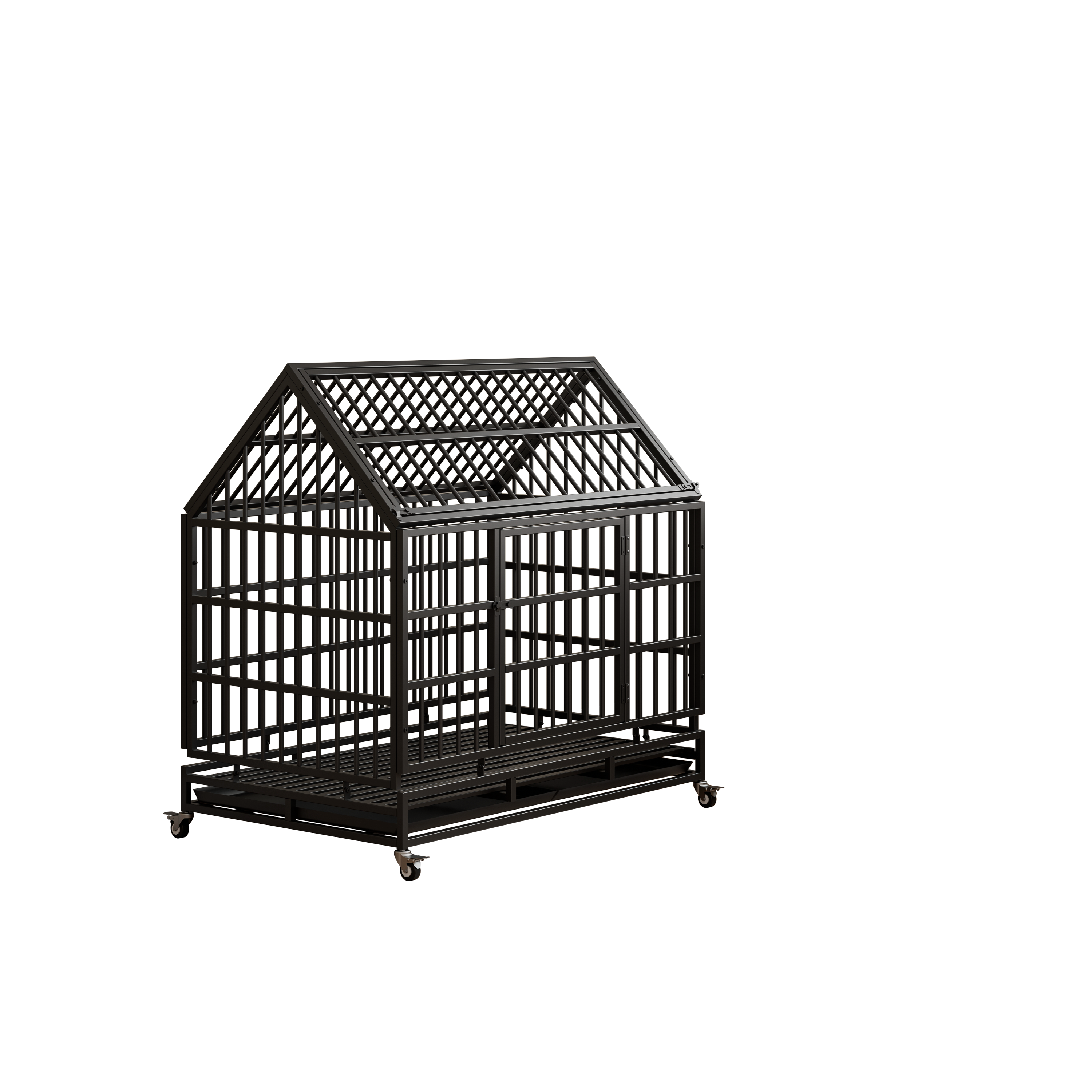 Alt View 2. Siljoy - Heavy Duty Folding Dog Crate with Wheels, Pointed Roof & Removable Tray for Large/Medium Dogs.