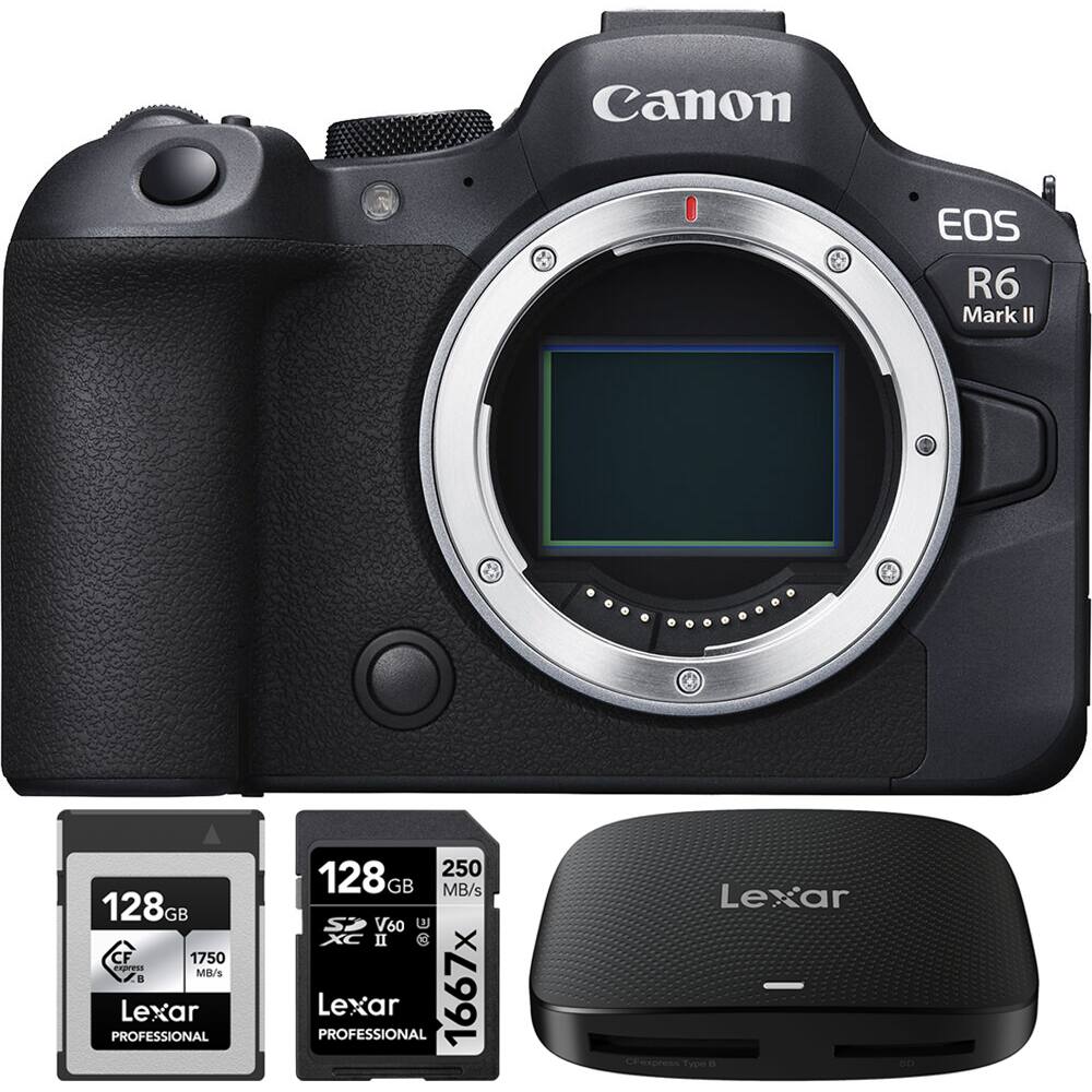 Canon EOS R6 Mark II

Lexar Professional 128GB CFexpress Type B 1750 MB/s

Lexar Professional 128GB SDXC UHS-II V60 250 MB/s 1667X

Lexar Crexpress Type B Reader