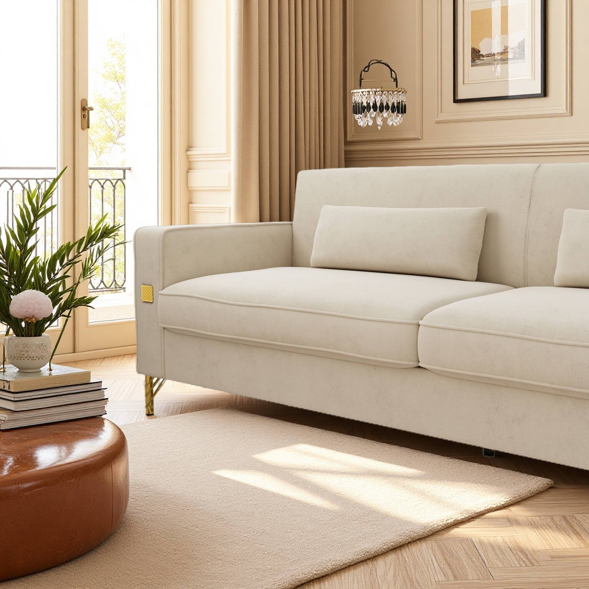Back. Anysun - Luxury 3-Seat Velvet Sofa with Gold Accents - Plush Cushions for Living Room & Office. - Beige.