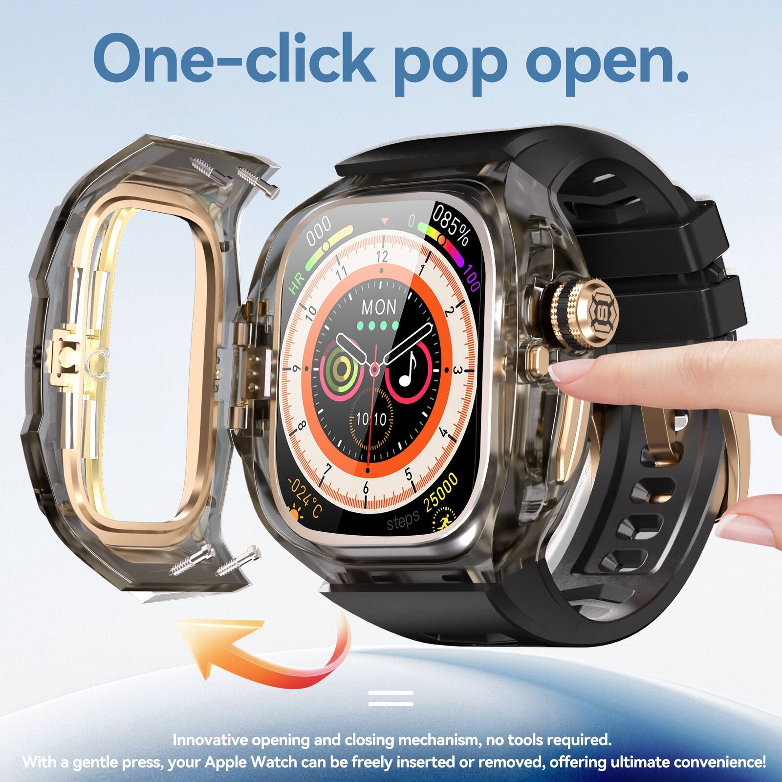 One-click pop open.  
Innovative opening and closing mechanism, no tools required. With a gentle press, your Apple Watch can be freely inserted or removed, offering ultimate convenience!