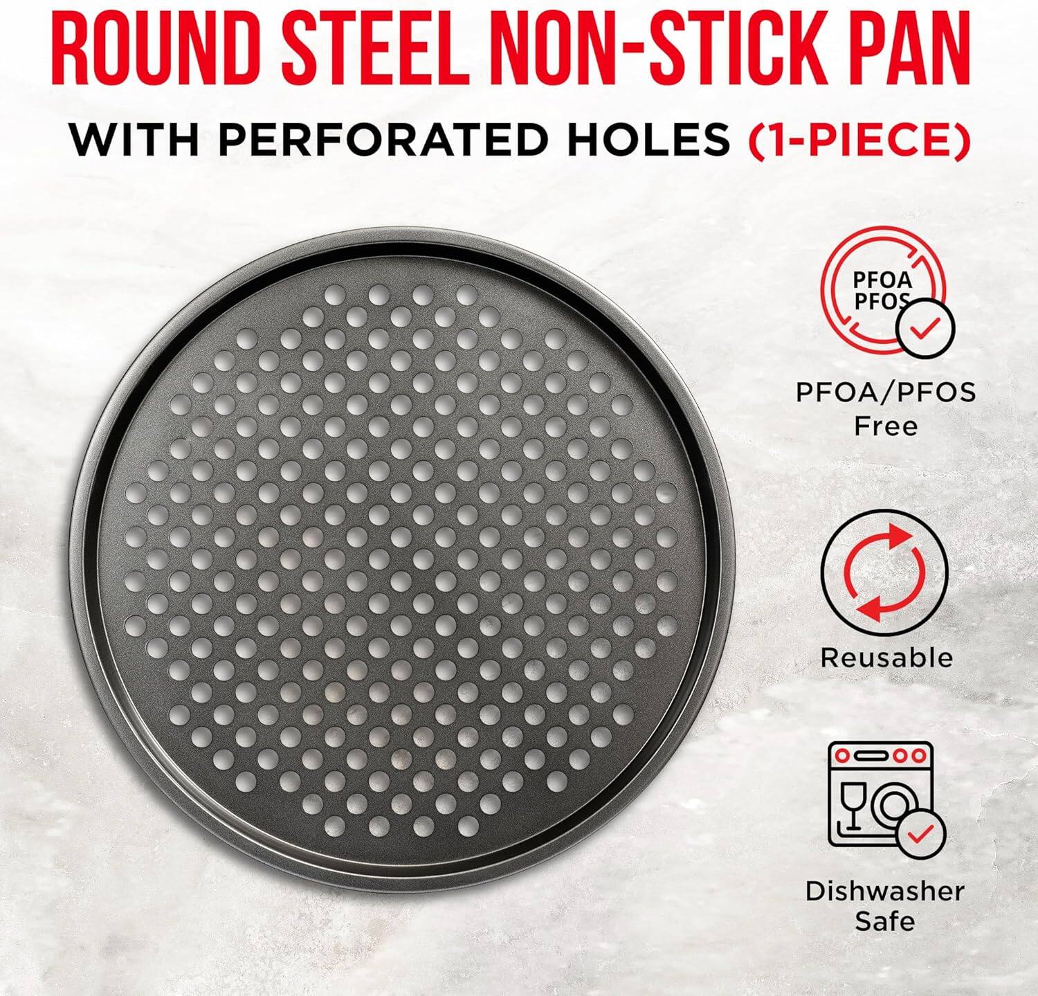 ROUND STEEL NON-STICK PAN WITH PERFORATED HOLES (1-PIECE) PFOA/PFOS Free Reusable Dishwasher Safe