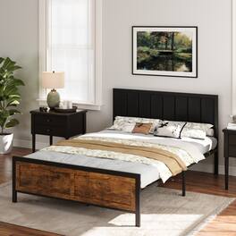 Dyonery - vintage bed frame, headboard leather soft cover + high-density sponge, no box spring design, easy to install - wood