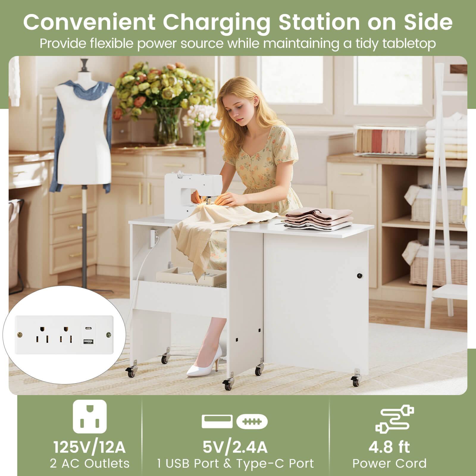 Convenient Charging Station on Side  
Provide flexible power source while maintaining a tidy tabletop  

125V/12A  
2 AC Outlets  

5V/2.4A  
1 USB Port & Type-C Port  

4.8 ft Power Cord