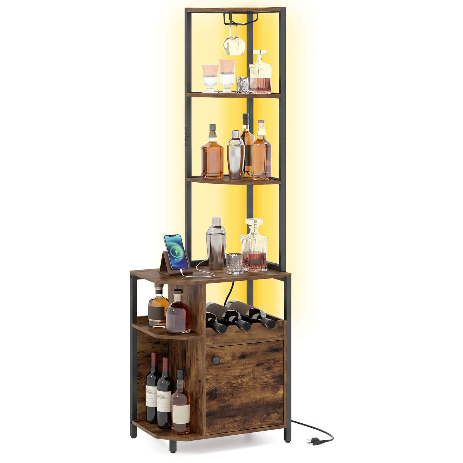 Costway - Corner Bar Cabinet with LED Lights & Charging Station, Glass Holder, Open Shelves - Rustic Brown