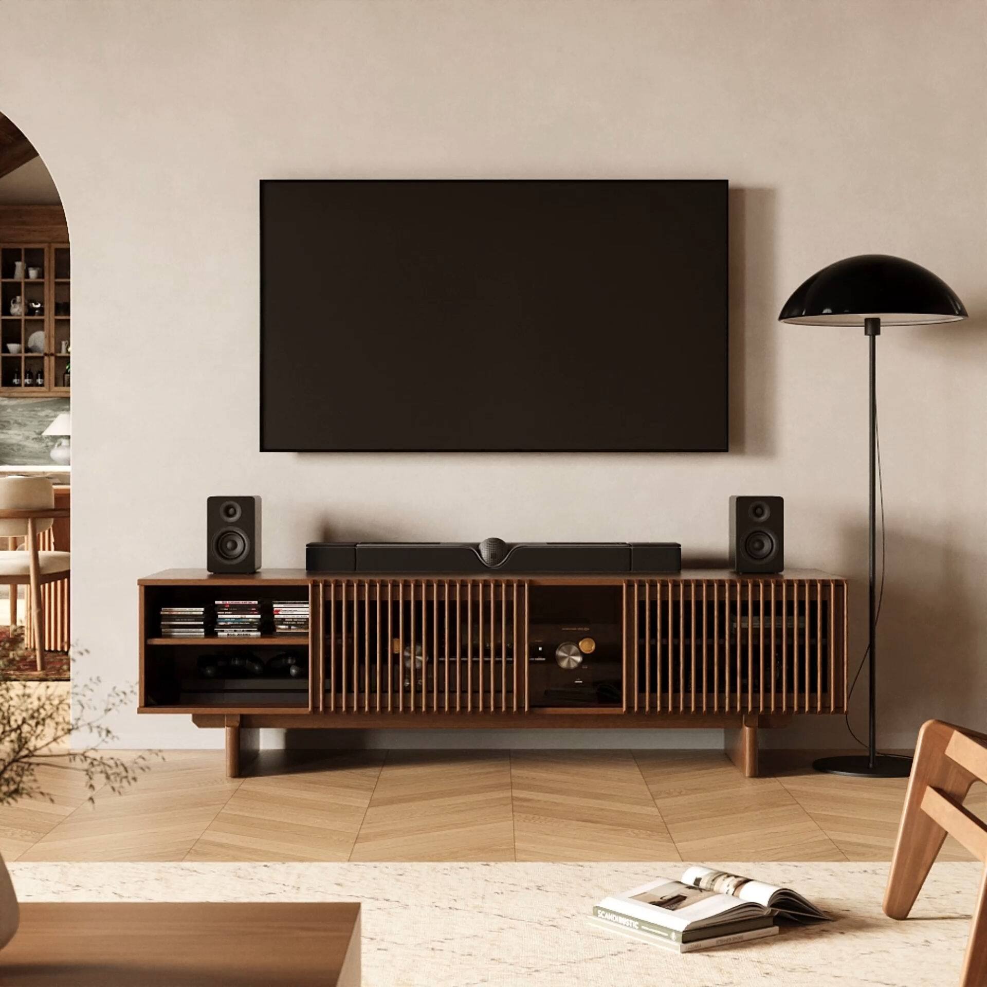 Back. POVISON - 71" Mid-Century Modern TV Stand with storage - Walnut Color.