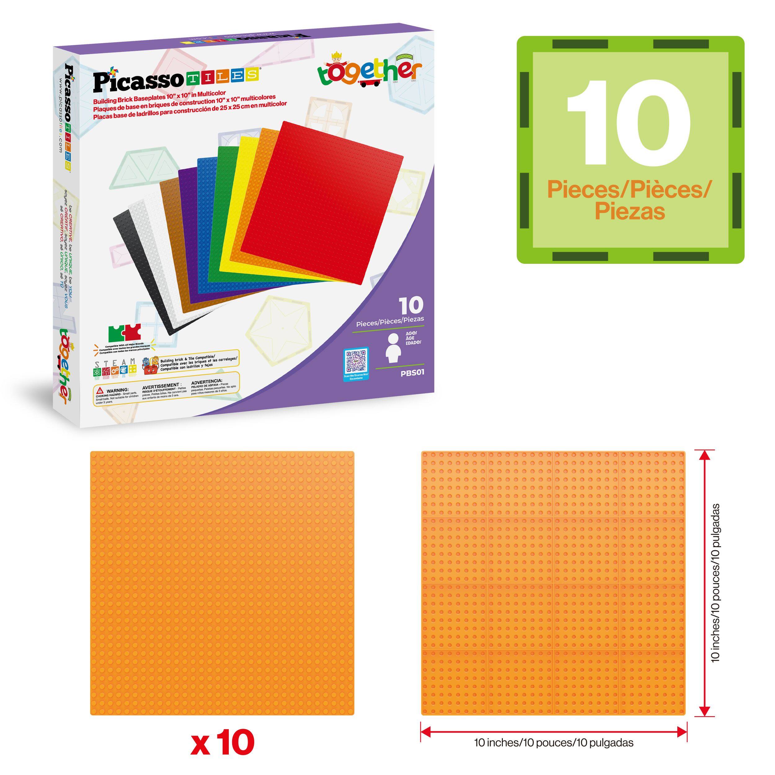 Picasso TILES  
Building Brick Baseplates 10" x 10" Multicolor  
Plaques de base de ladrillos para construir de 25 x 25 cm multicolor  
10 Pieces/Pièces/Piezas  
10 inches/10 pouces/10 pulgadas  
x 10