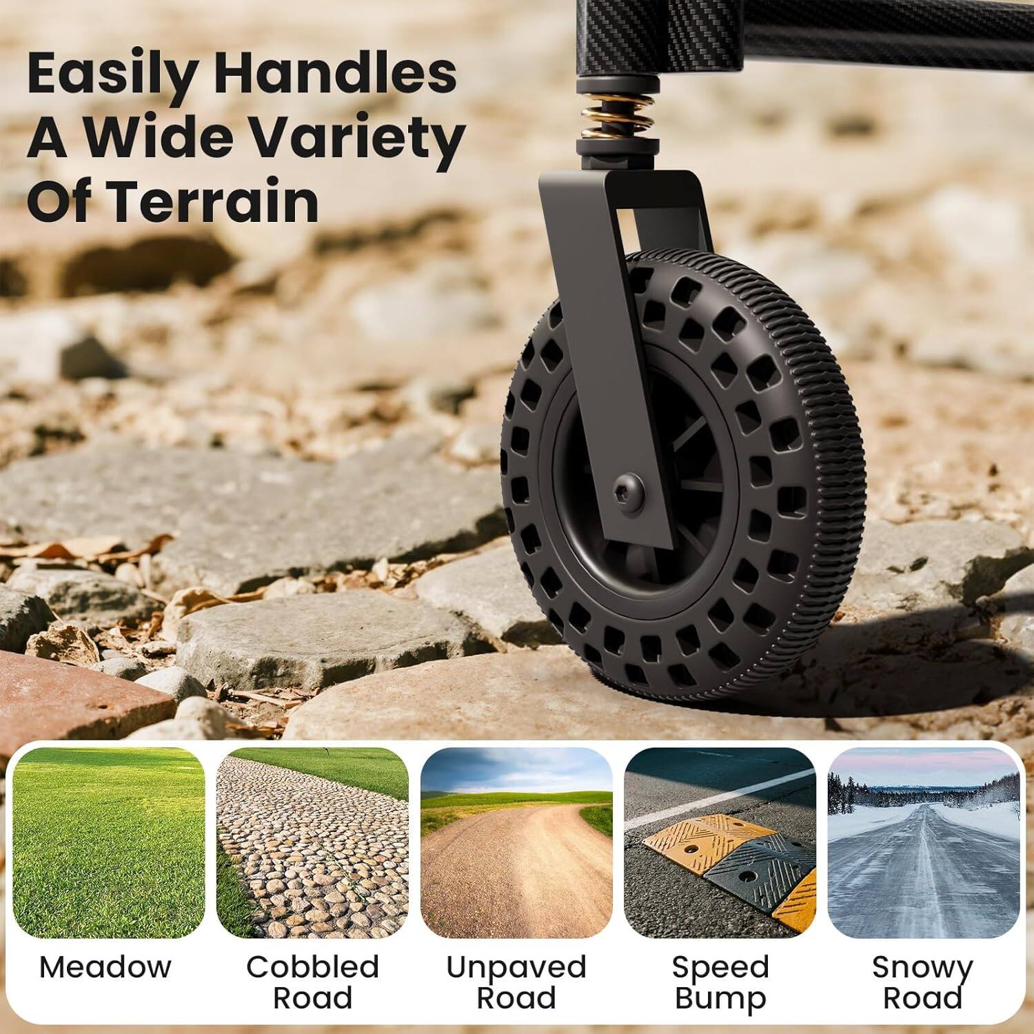 Easily Handles A Wide Variety Of Terrain

Meadow  
Cobbled Road  
Unpaved Road  
Speed Bump  
Snowy Road