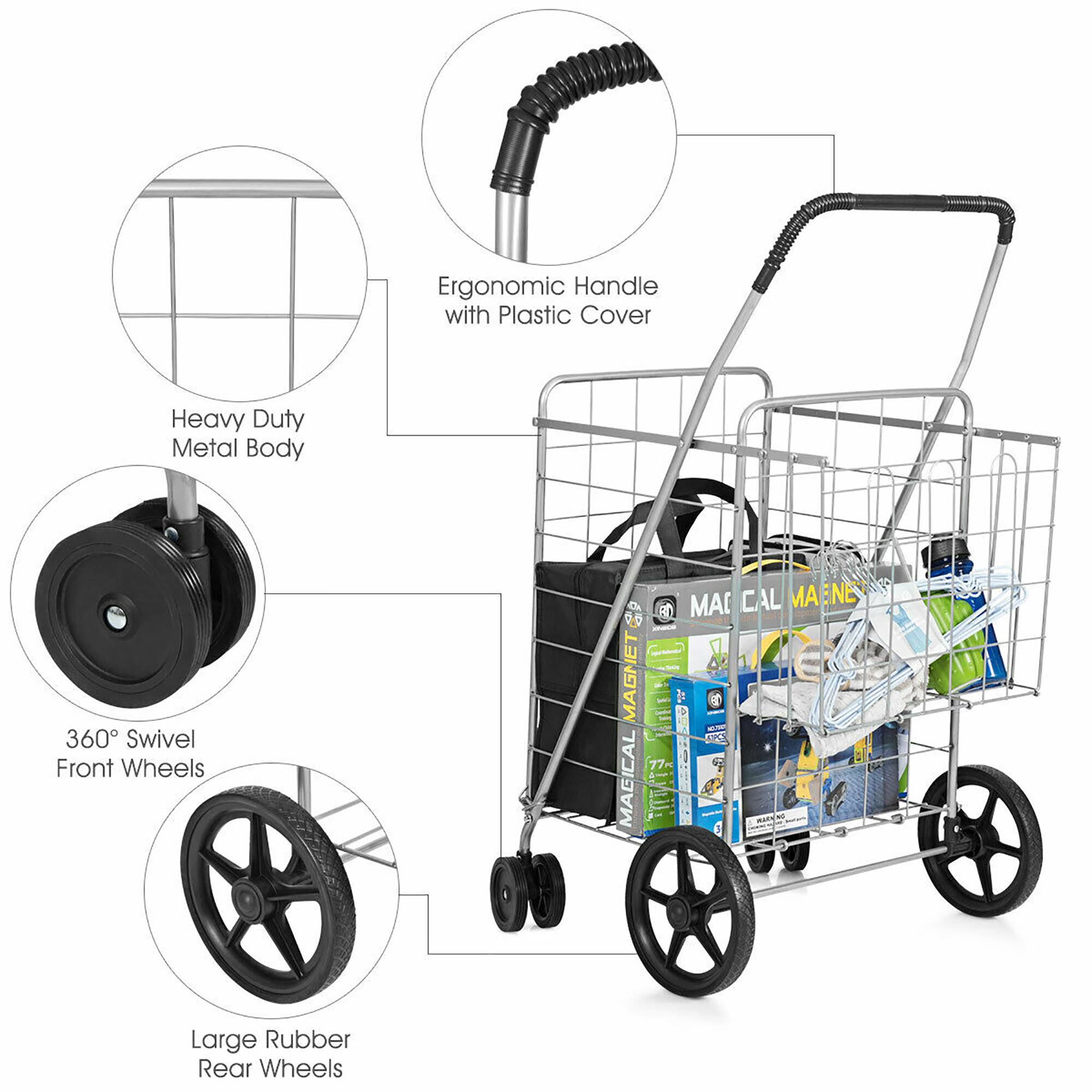 The text on the image is grouped and corrected as follows:

1. Ergonomic Handle with Plastic Cover: This feature provides comfort and protection for the user's hand while pushing the cart.
2. Heavy Duty Metal Body: The cart is made of sturdy metal, ensuring it can handle heavy loads and withstand daily use.
3. 360 Swivel Front Wheels: These wheels allow the cart to be easily maneuvered and turned in any direction, making it convenient for use in various environments.
4. MAI C AL MA ENE R: This is likely a typo or incorrect information, and it should be removed from the list of features.
5. Large Rubber Rear Wheels: These wheels provide stability and support for the cart, making it easier to push and maintain control.